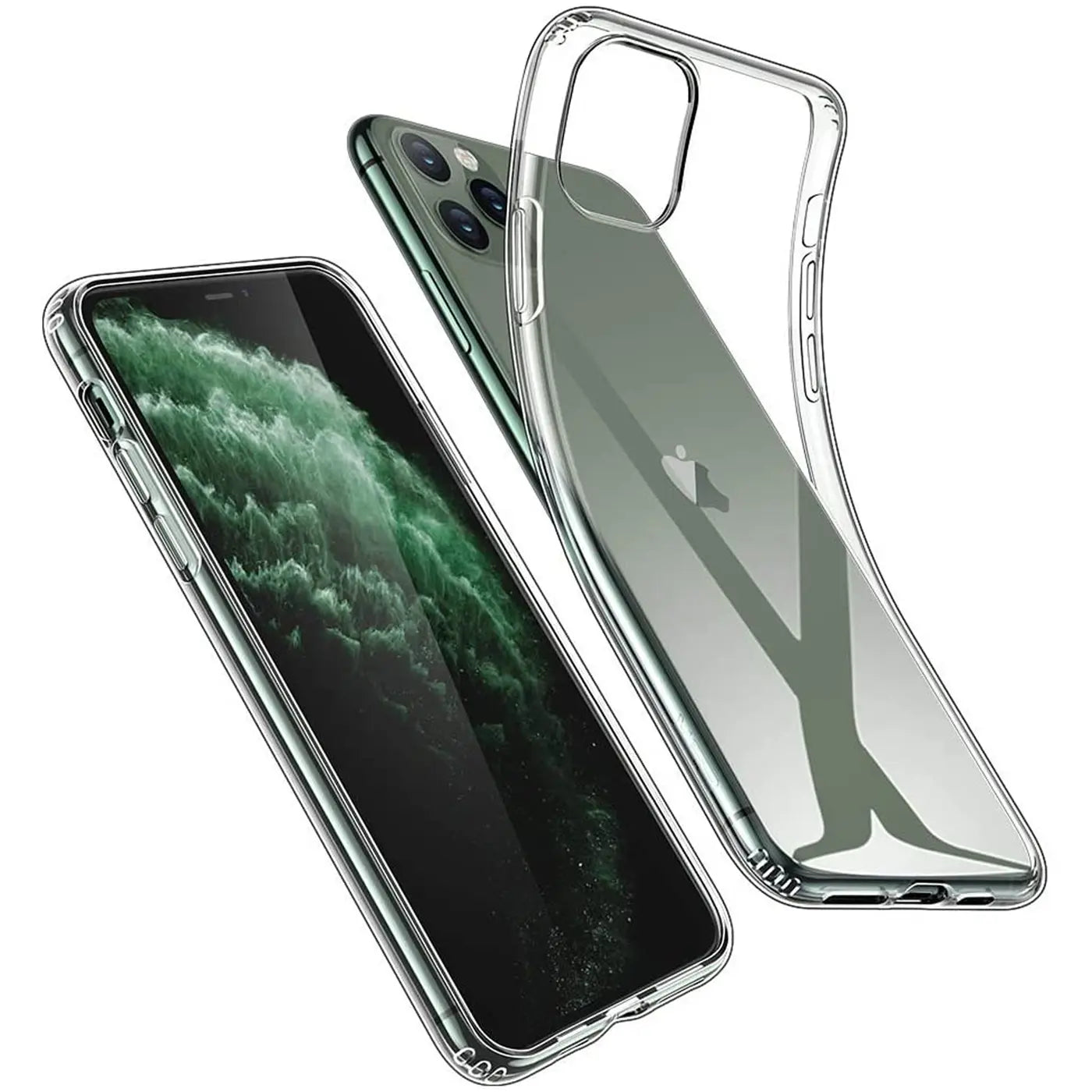 Klar, transparentes Silikon-Case für iPhone 11 Pro, von vorne und hinten gezeigt.