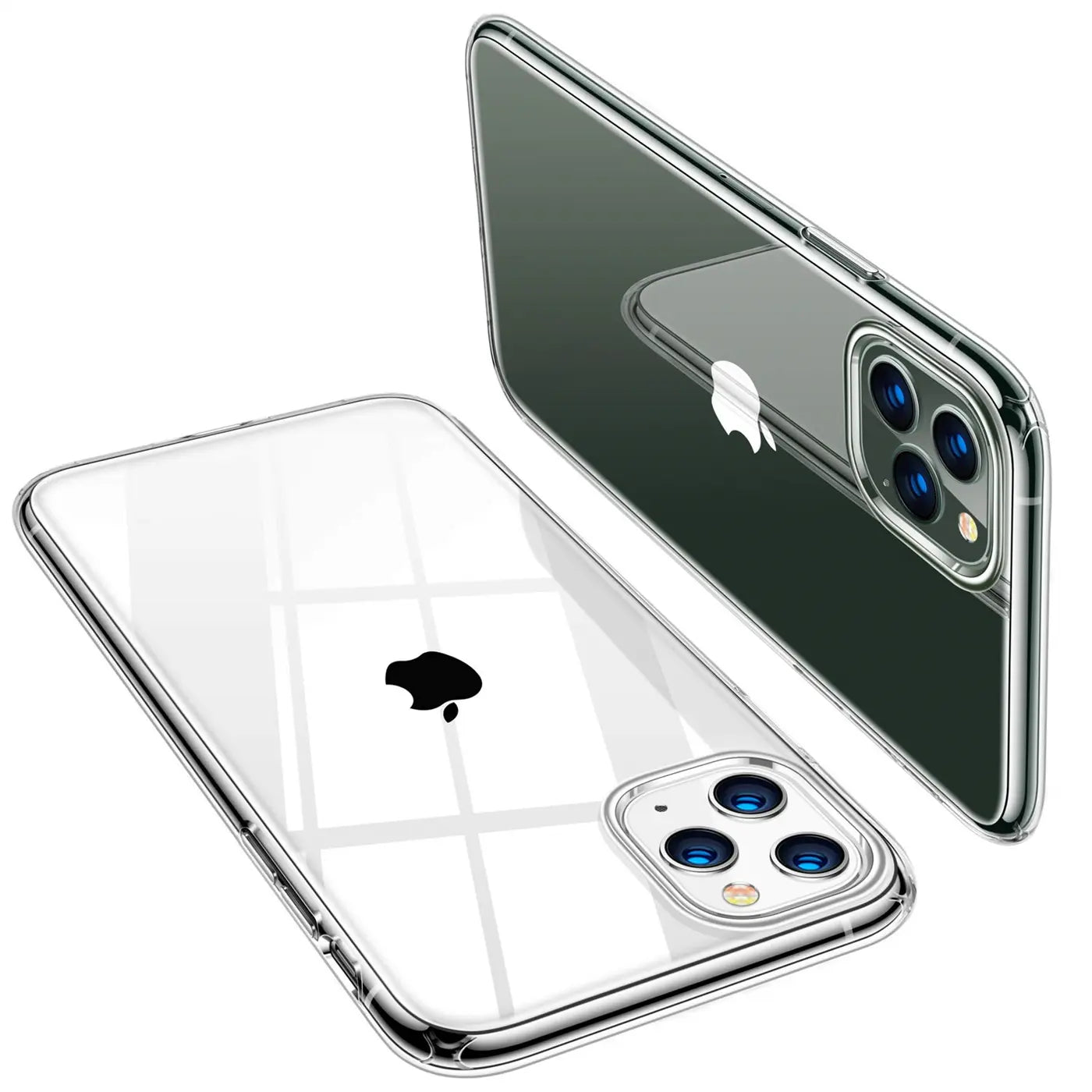 Klar, transparentes iPhone 11 Pro mit drei Kameras, von vorne und hinten gezeigt.