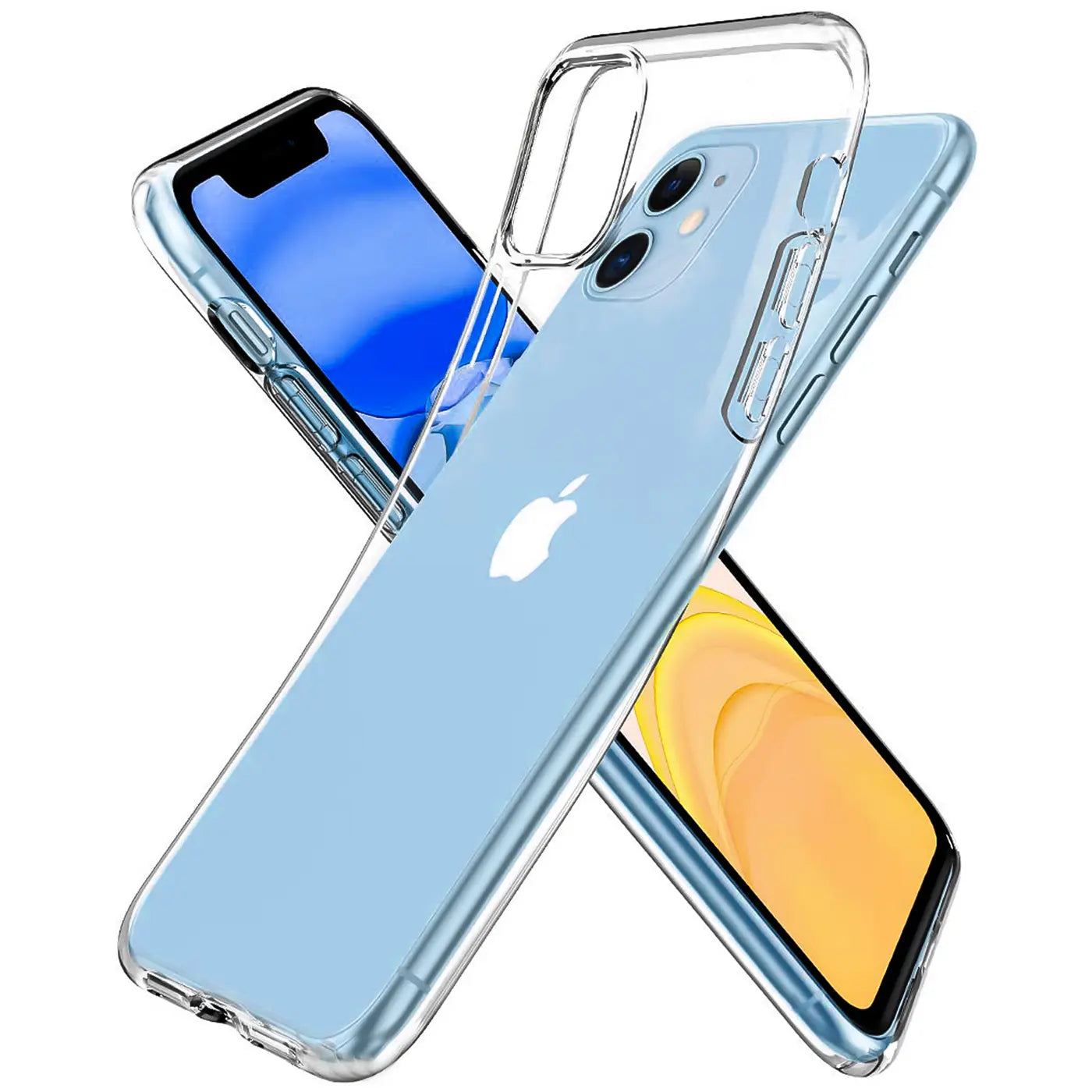 Klares, transparentes iPhone 11 Hülle aus Kunststoff, von schräg oben, mit zwei Handys.
