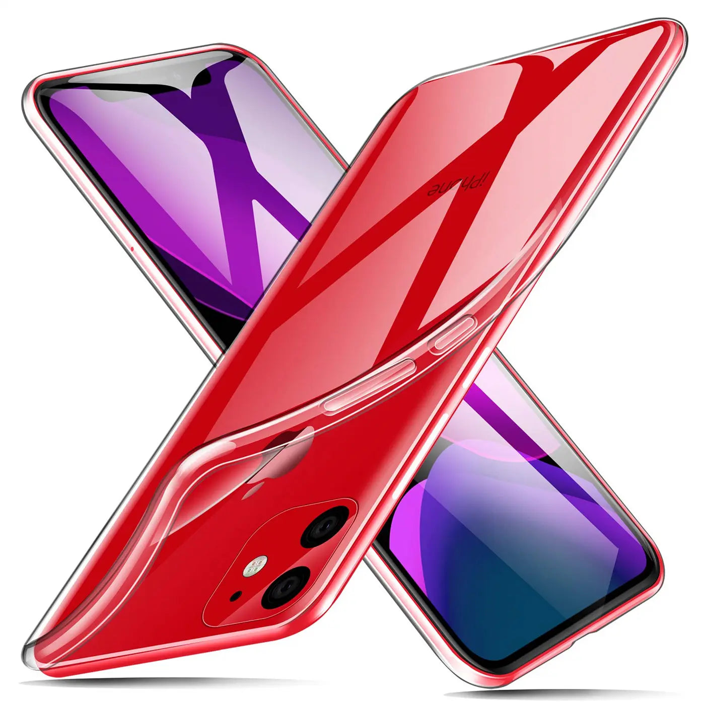 Rotes iPhone 11 mit durchsichtiger Hülle, Nahaufnahme, von oben.