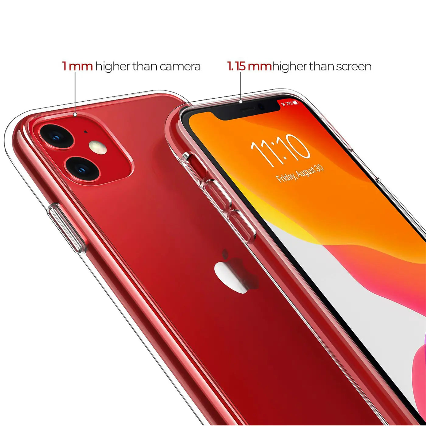 Rotes iPhone 11 mit transparentem Slim Case, von schräg oben.