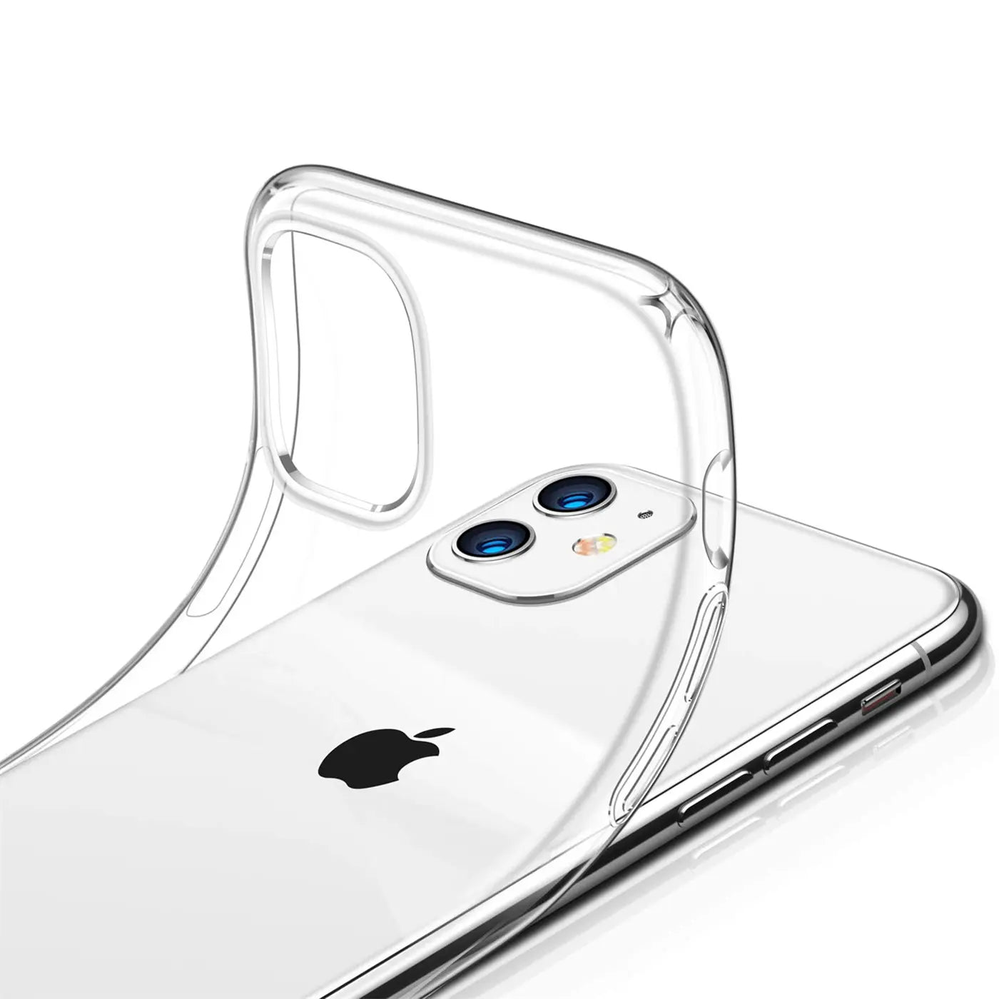 Klares, flexibles Handyhülle aus Kunststoff, von schräg oben auf einem iPhone 11 platziert.
