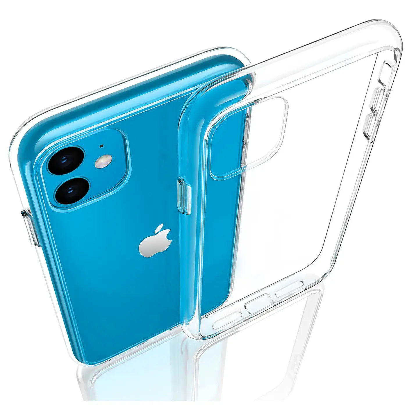 Klares, transparentes Silikoncase liegt neben blauem iPhone 11. Von oben links.