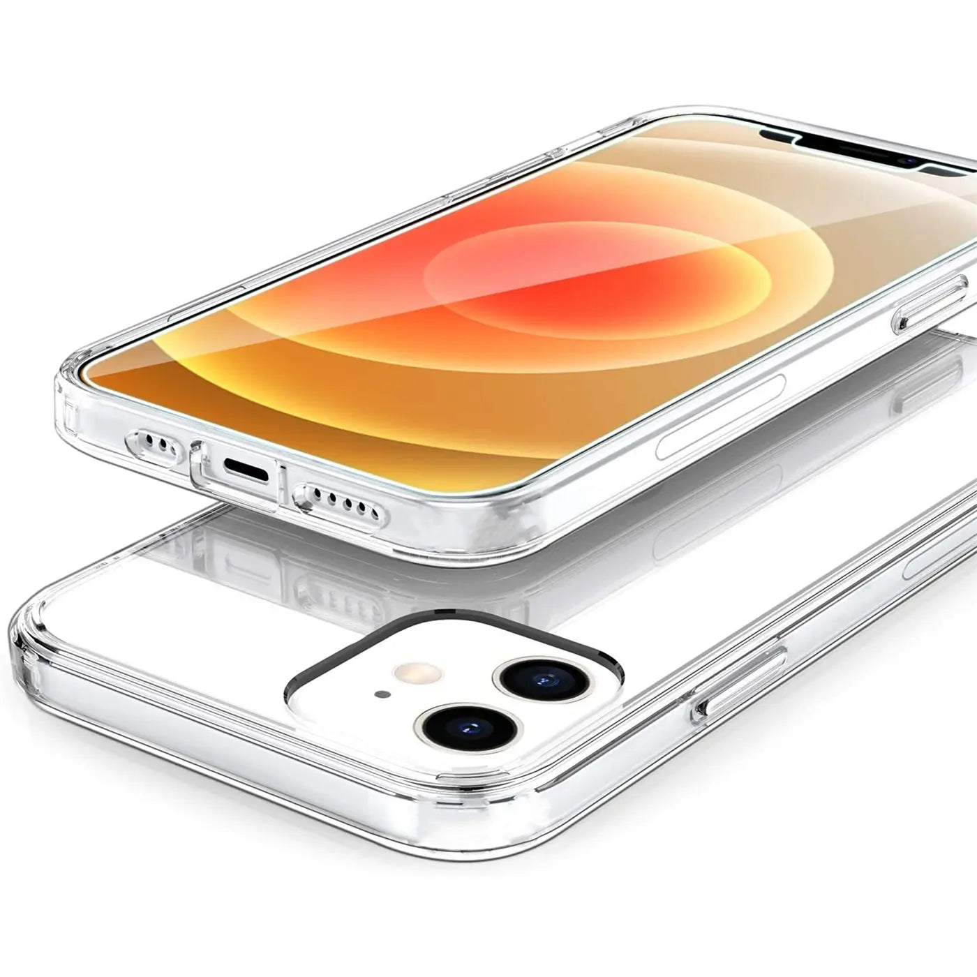Klares, transparentes Handycase aus Kunststoff, schräg von oben auf ein iPhone 12 Mini gelegt.