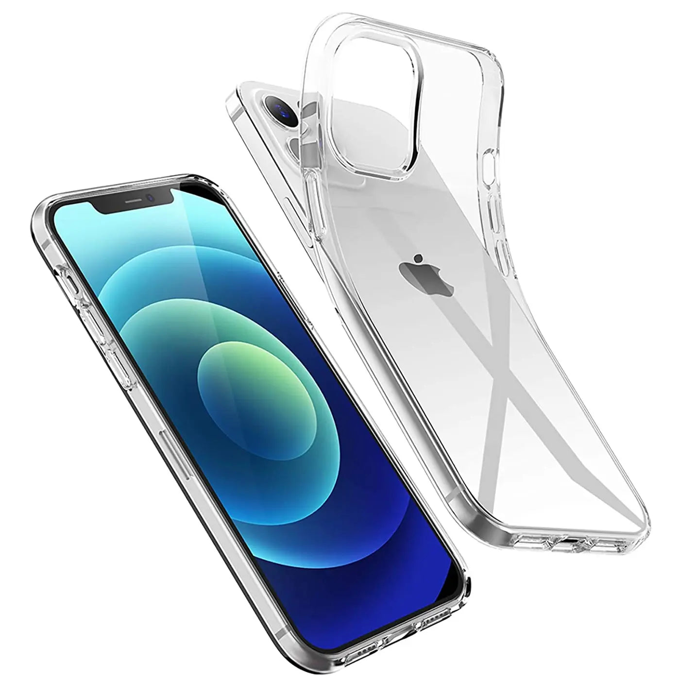 Klares, transparentes Silikon-Case für iPhone 12 Mini, von vorne und hinten gezeigt, leicht schräg.