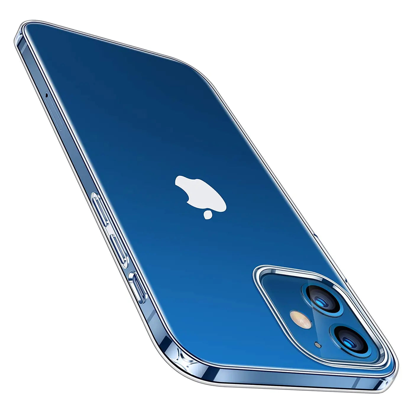 Blaues, transparentes iPhone 12 Mini mit Hülle, von schräg oben.