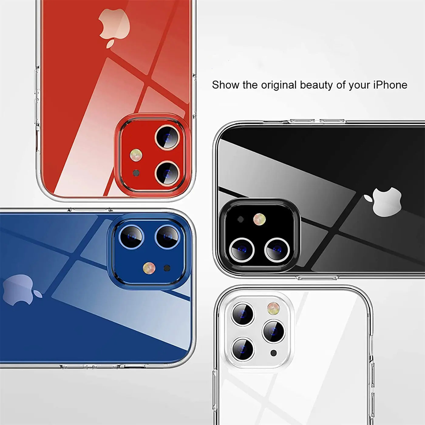 Vier iPhone 12 Mini mit klaren Hüllen: Rot, Schwarz, Blau, Weiß. Rückansicht.