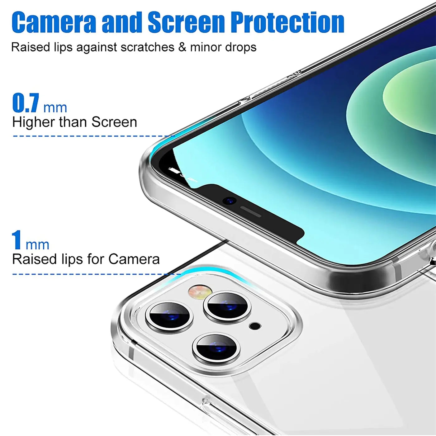 Transparentes Case aus Kunststoff, zeigt iPhone 12 Pro Max mit Kamera und Bildschirm, Draufsicht.