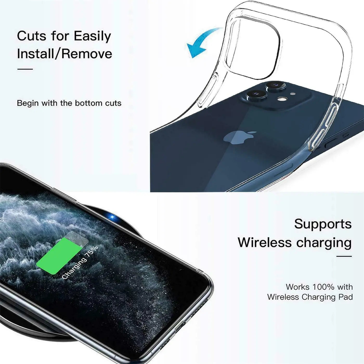 Klares, flexibles Handyhülle aus Kunststoff, wird auf ein iPhone 12 Pro Max gelegt.
