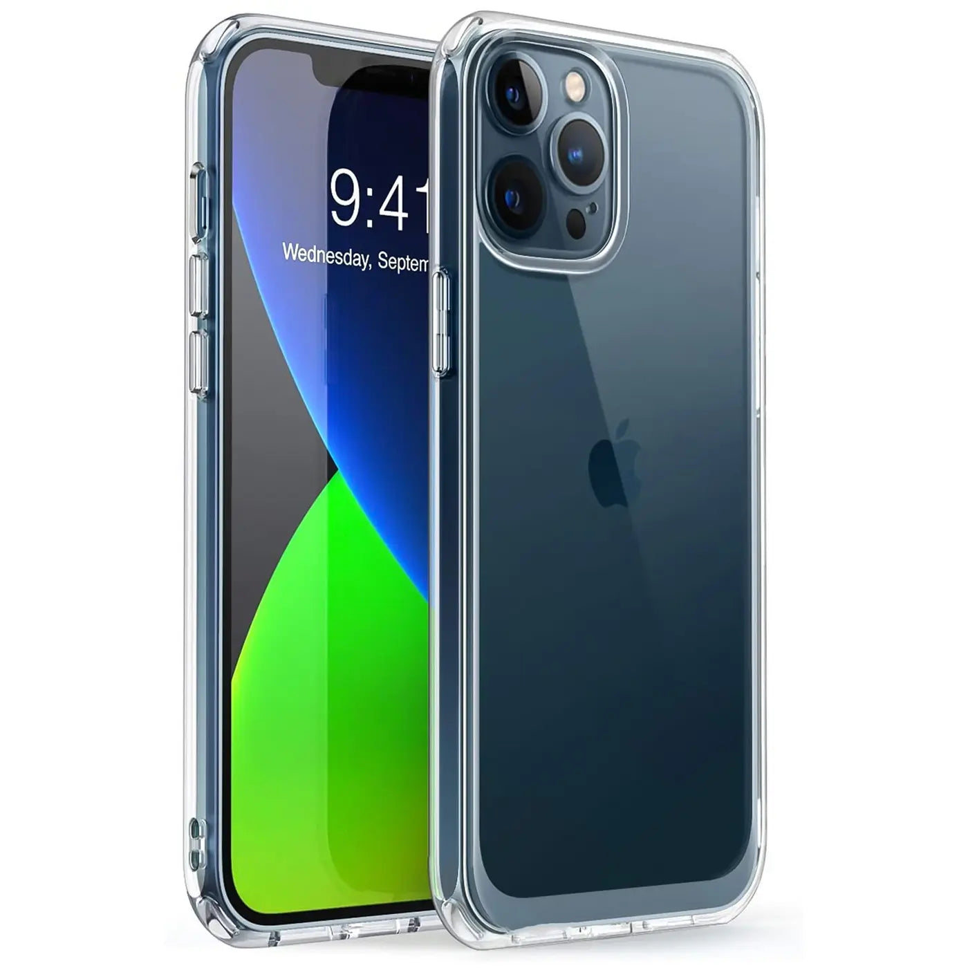 Klares, transparentes TPU-Case um ein iPhone 12 Pro, von vorne links gesehen.