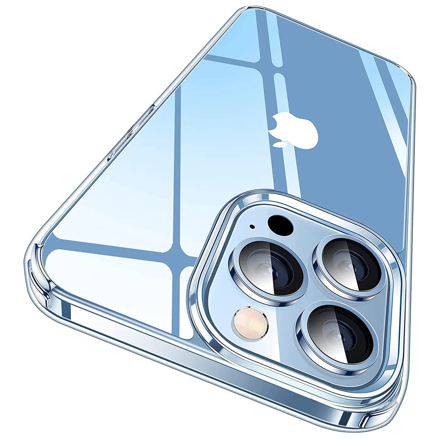 Klar, transparentes iPhone 13 Pro Max Case aus Kunststoff, von hinten, leicht schräg.