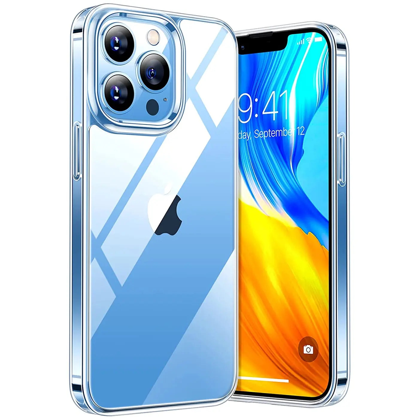Klares, transparentes Silikon-Case um ein iPhone 13 Pro, von vorne links betrachtet.