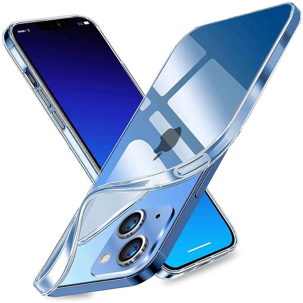 Klares, flexibles Handyhülle aus Kunststoff, zeigt iPhone 13, Nahaufnahme, von oben.