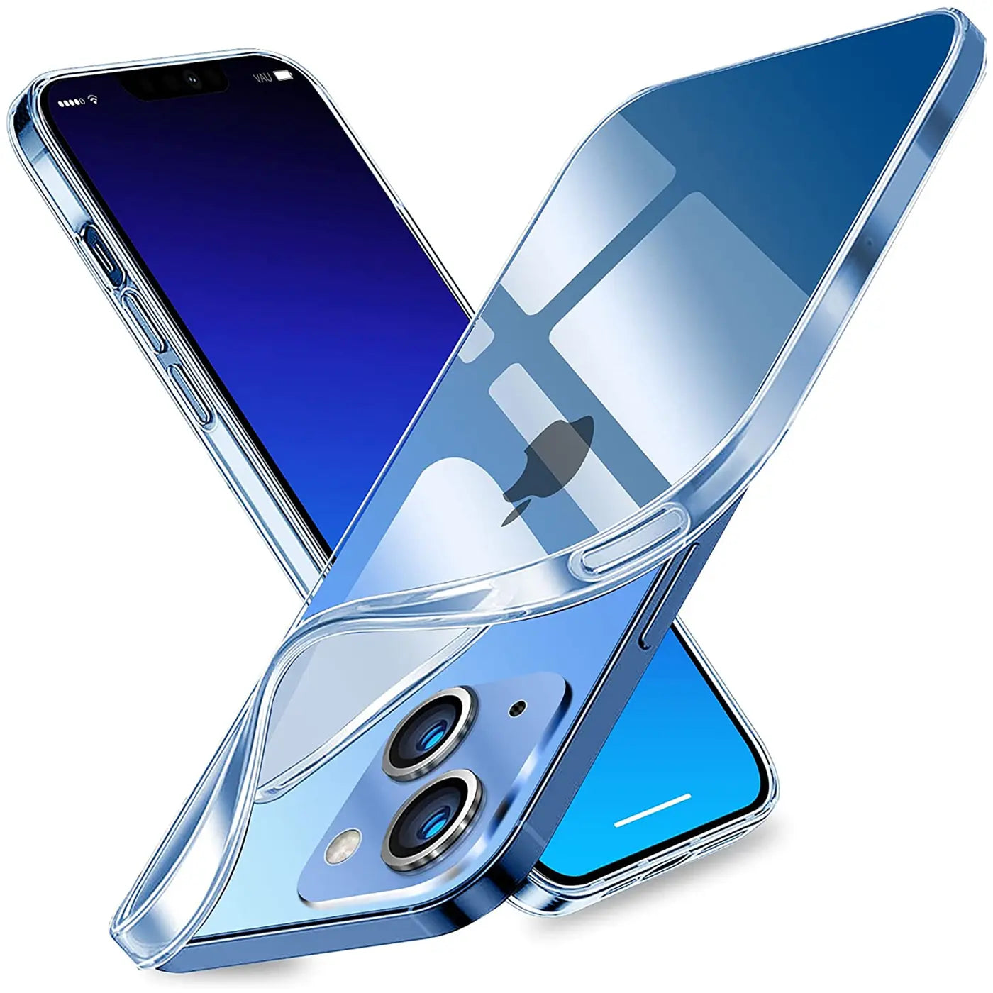 Klares, flexibles Handyhülle aus Kunststoff, zeigt iPhone 13, Nahaufnahme, von oben.