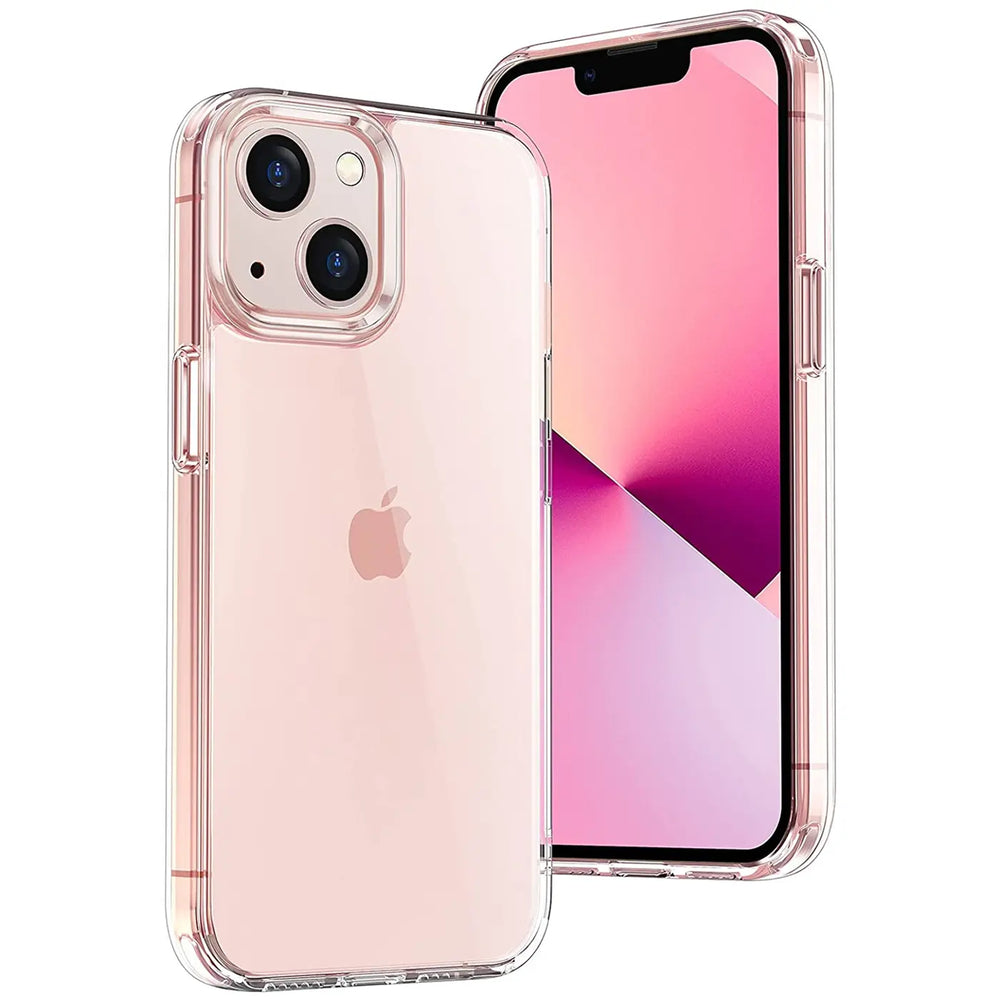 Transparentes Silikoncase mit iPhone 13, Rückseite und Vorderseite von vorne links.