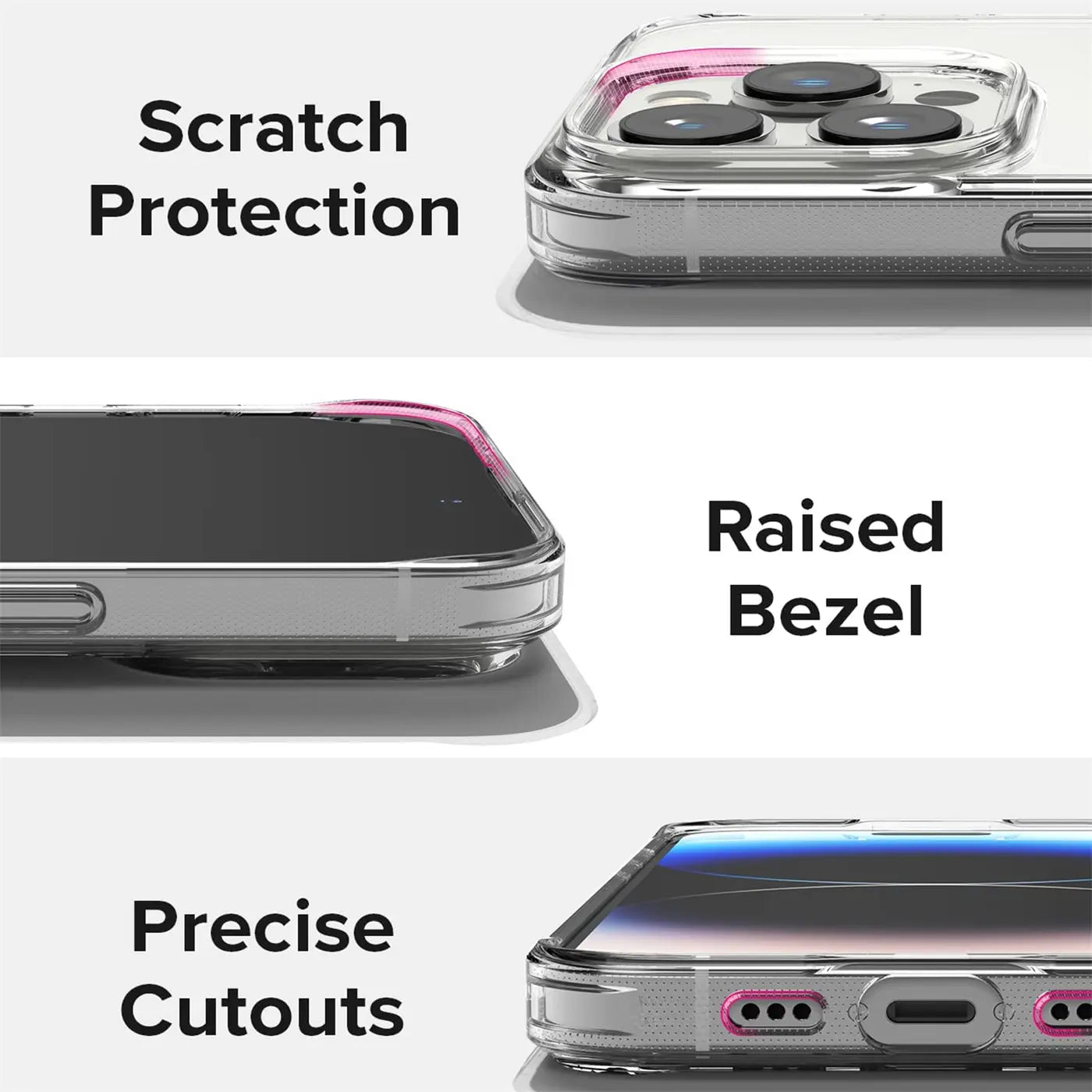 iPhone 14 Pro Max Hülle, transparent, Nahaufnahme, Kanten und Kameraansicht