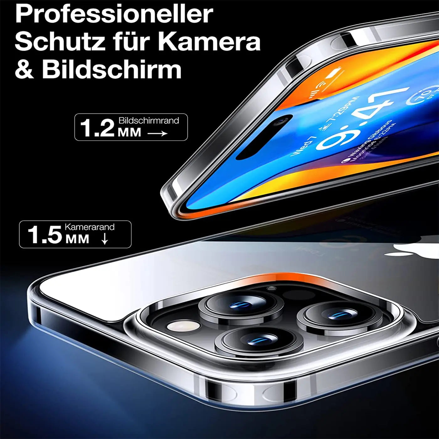 Transparente Hülle mit silbernem Rand für iPhone 14 Pro Max, Nahaufnahme der Kamera und des Bildschirms.