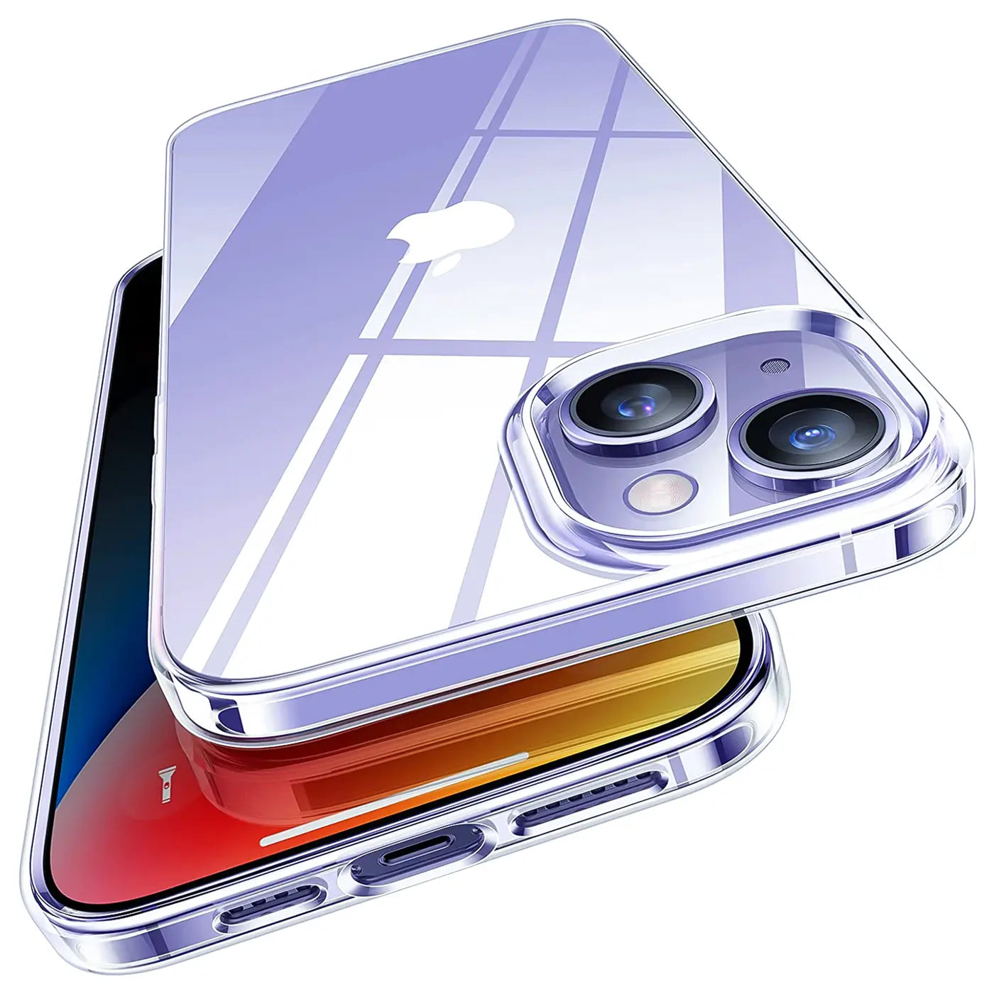Klares, transparentes iPhone 14 Case aus Kunststoff, Draufsicht, Nahaufnahme.