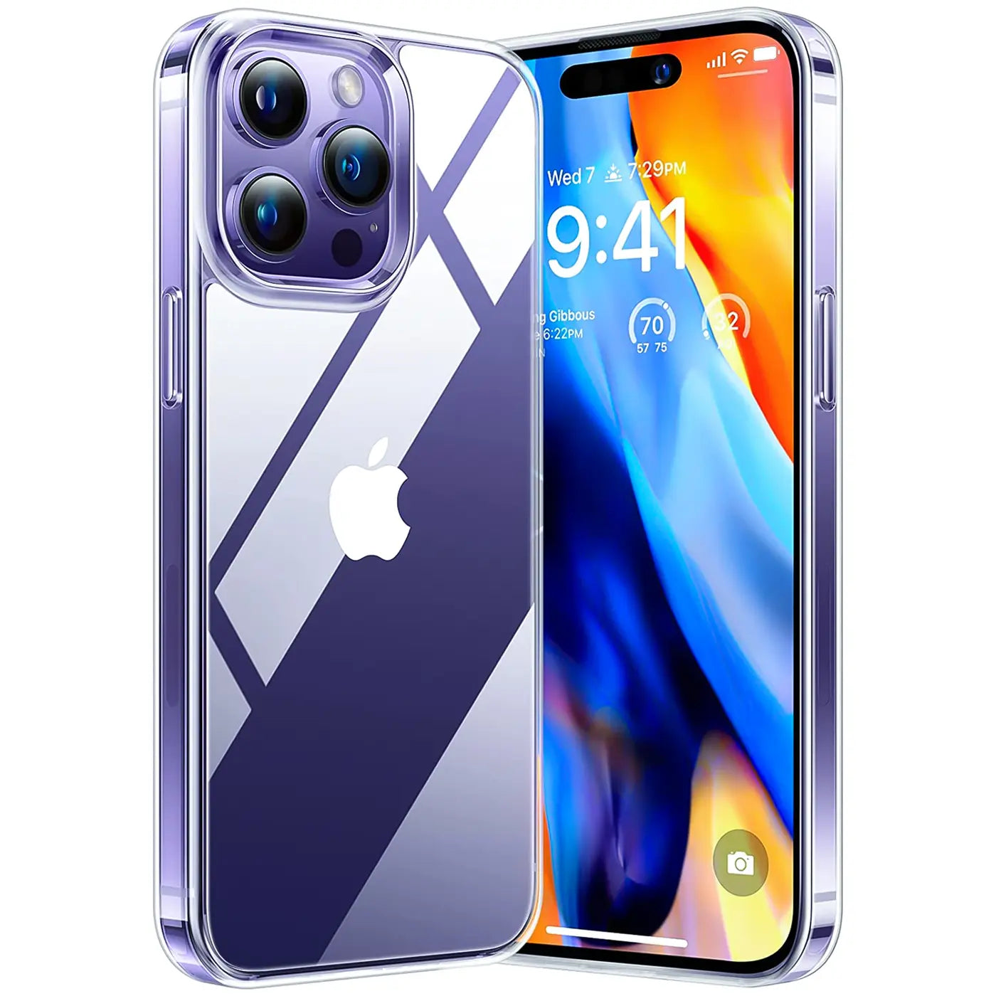 Klares, durchsichtiges iPhone 15 Pro Case aus Kunststoff, von vorne/seitlich, mit sichtbarem Gerät.