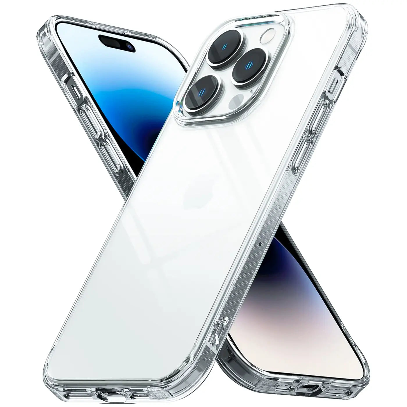 Klares, transparentes Case aus Kunststoff, seitliche Ansicht, iPhone 15 Pro.