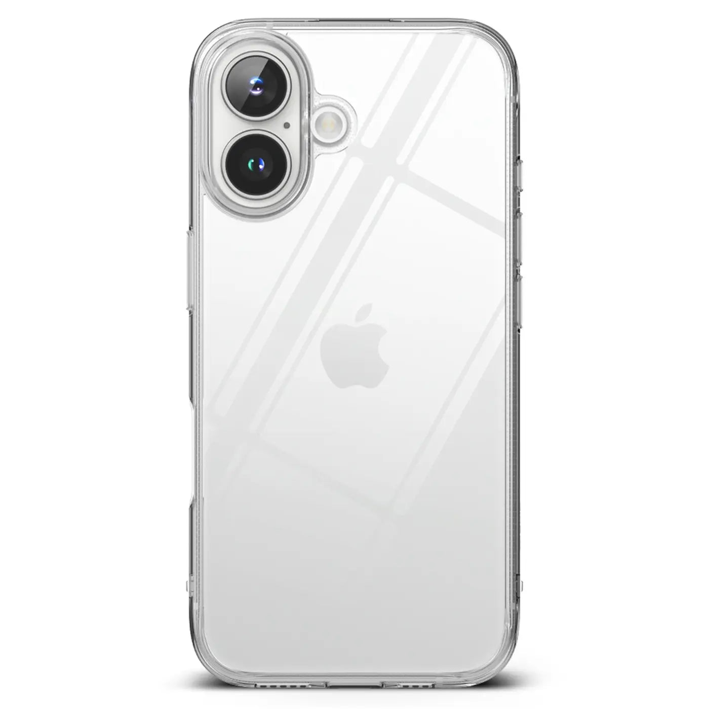 Klar, transparentes Silikon-Case auf der Rückseite eines iPhones mit doppelter Kamera, von hinten gesehen.