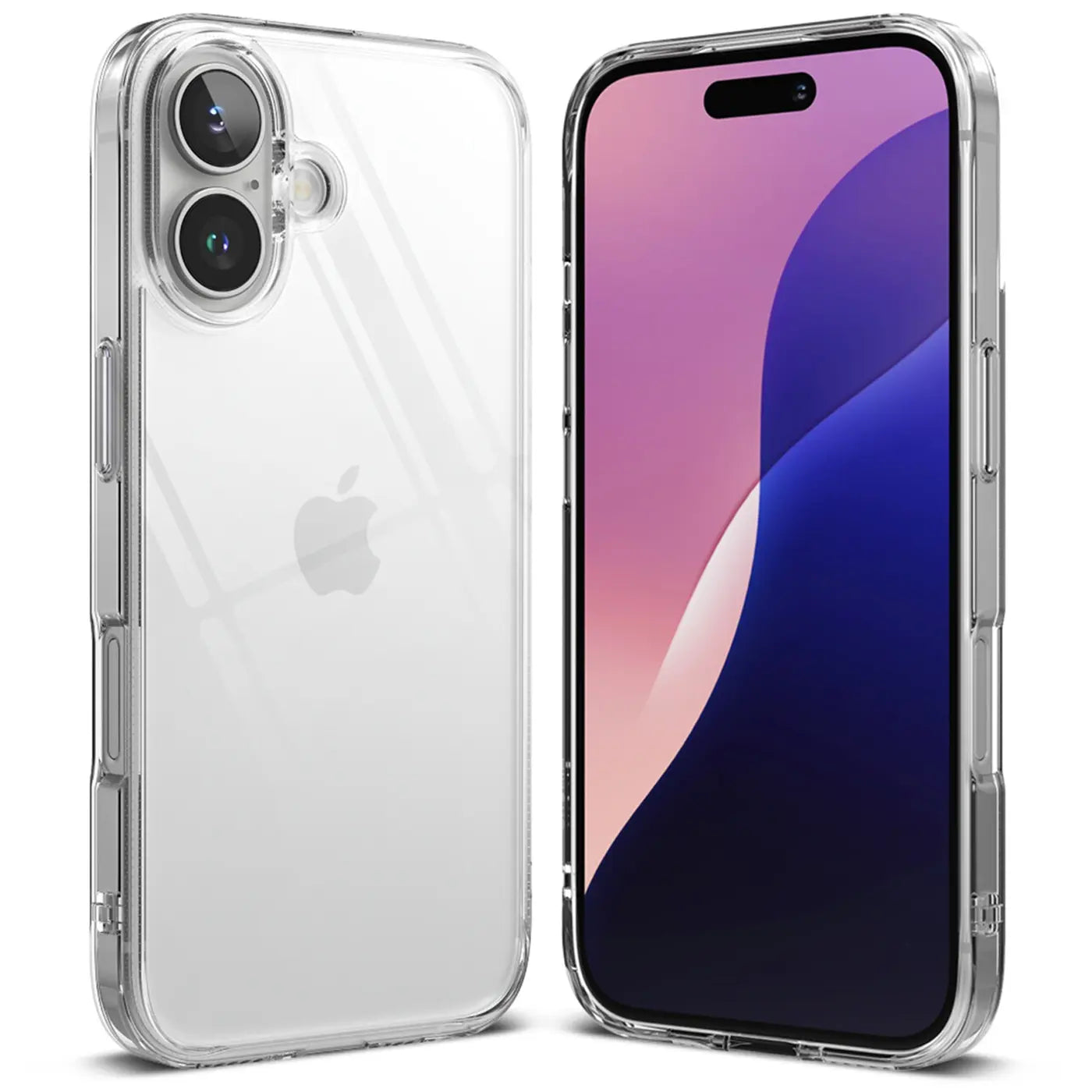 Klar, transparentes Silikon-Case für iPhone 16 Plus, von vorne und hinten gezeigt.