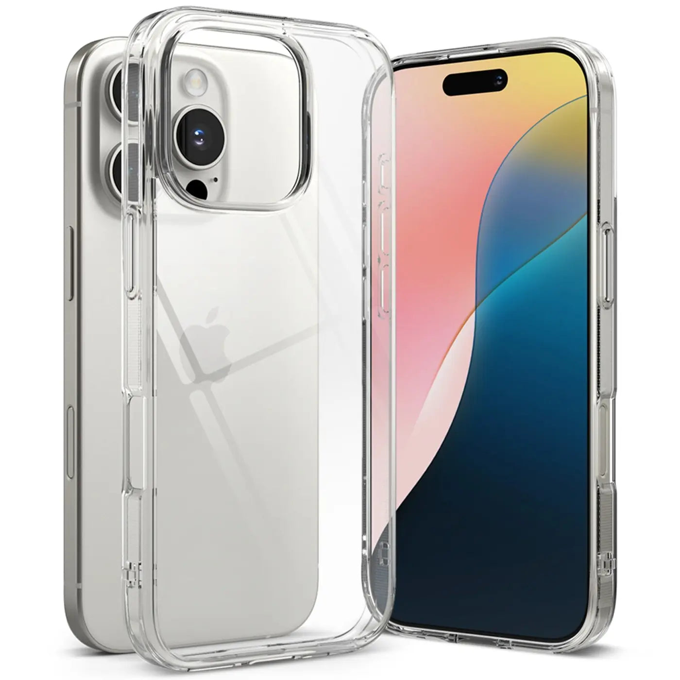 Klares Silikon-Case, von vorne und hinten, mit iPhone 16 Pro.