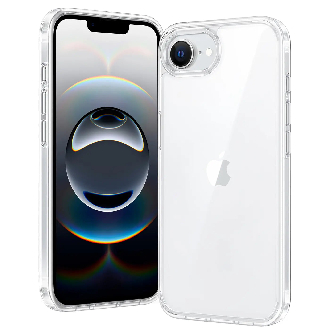 Klares, transparentes Handycase aus Kunststoff, das ein iPhone 16e schützt. Von vorne und hinten gezeigt.