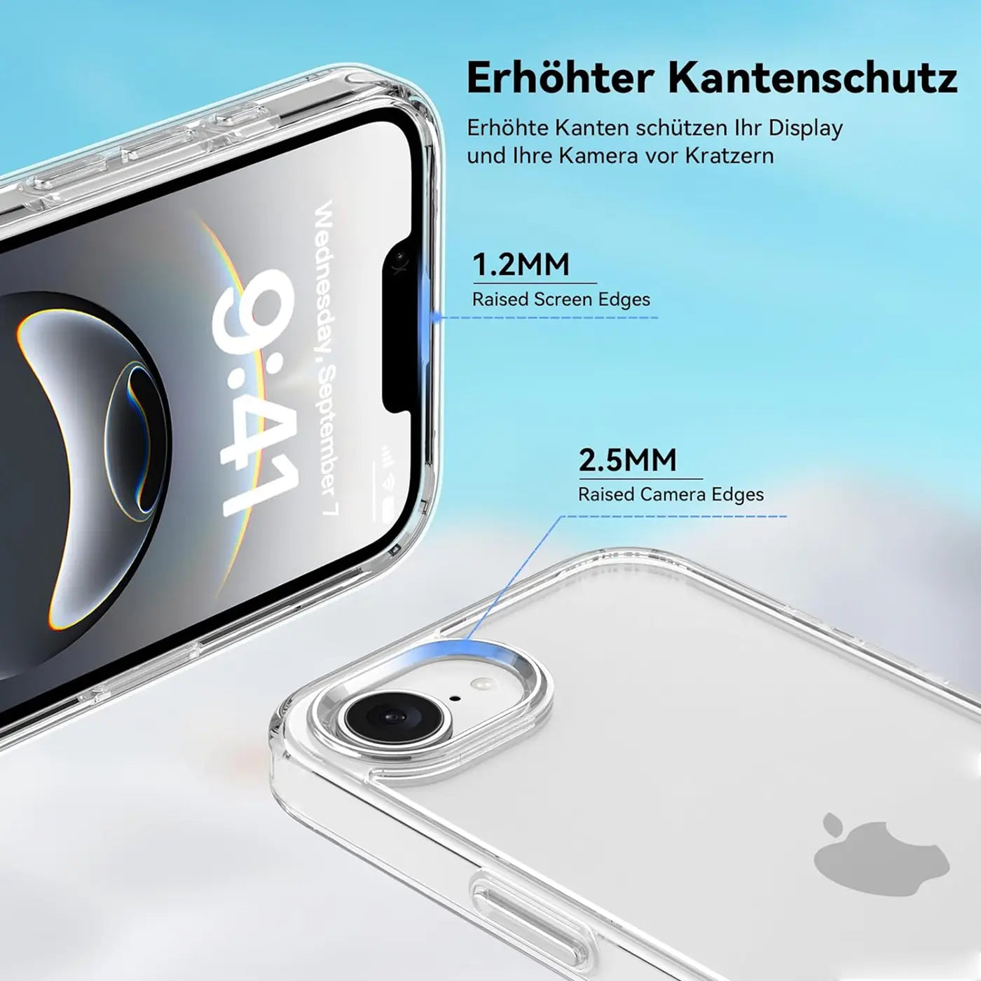 Klares, transparentes Handyhülle aus Kunststoff, zeigt iPhone 16e, Nahaufnahme, von oben.