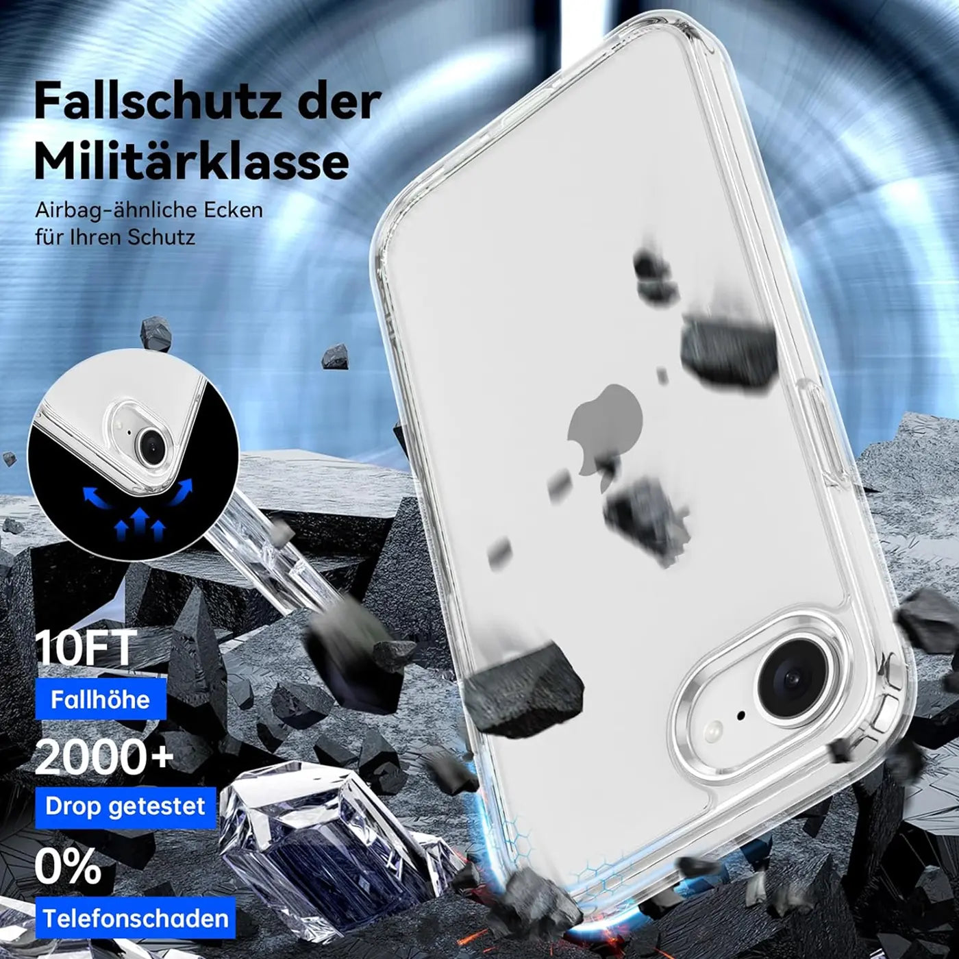 Klares, transparentes iPhone 16e Hülle, Nahaufnahme, von schräg hinten, fällt