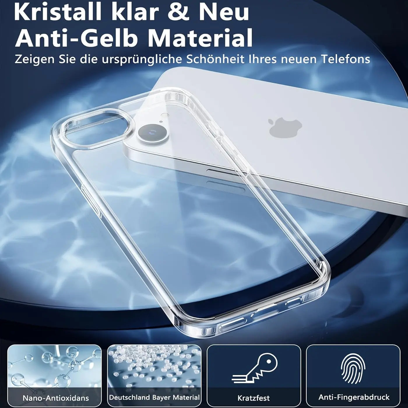 Klares, transparentes Handy-Case aus Kunststoff, von oben auf ein iPhone gelegt.