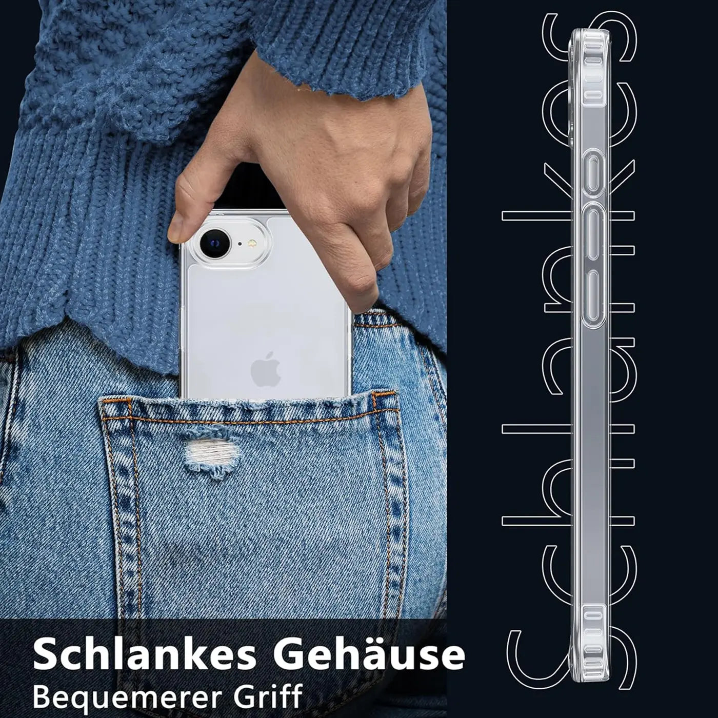 Transparente Hülle aus Kunststoff, seitliche Ansicht, zeigt iPhone 16e in Jeans-Tasche.
