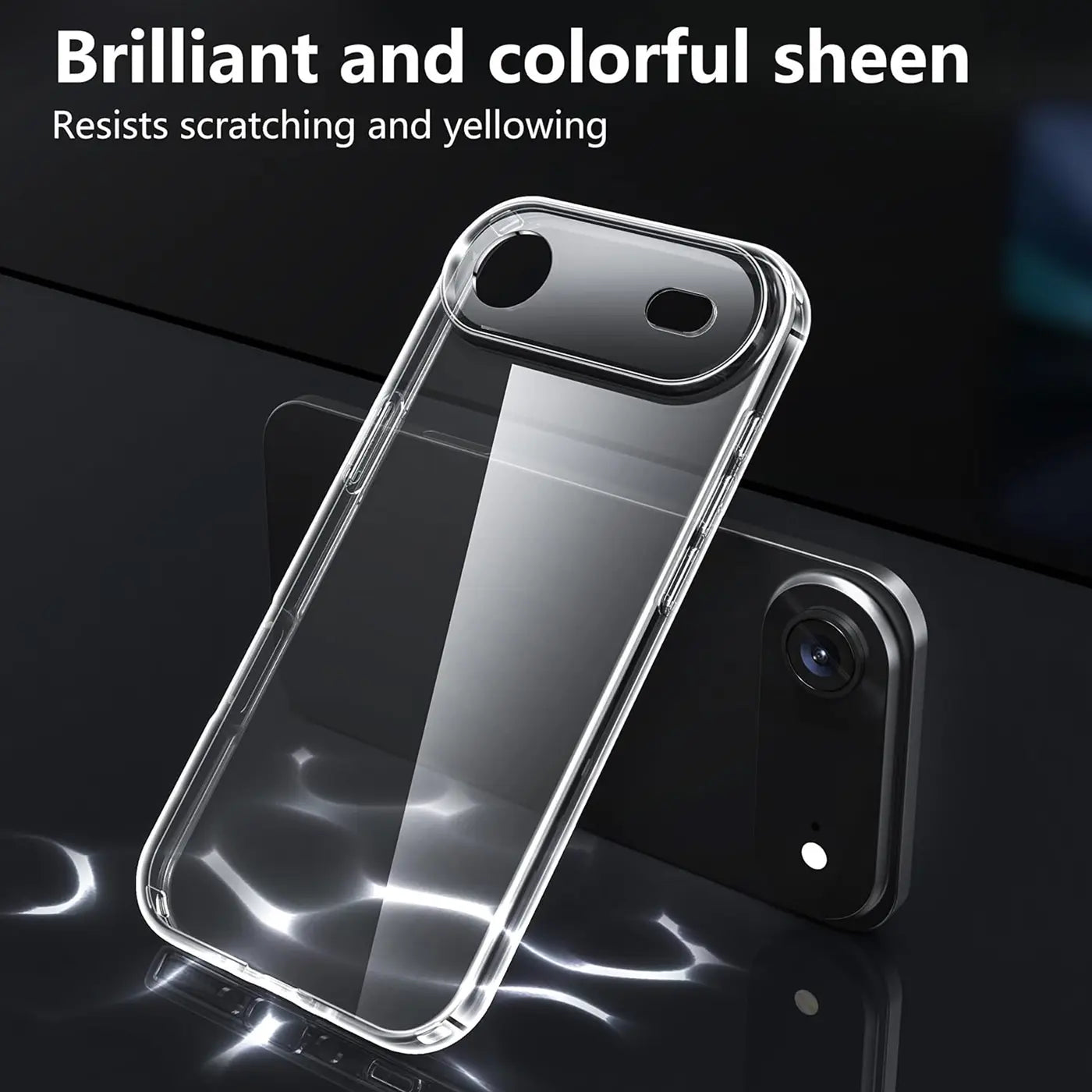 Klares, transparentes Handyhülle aus Kunststoff, von schräg oben, auf einem iPhone 17 Air.