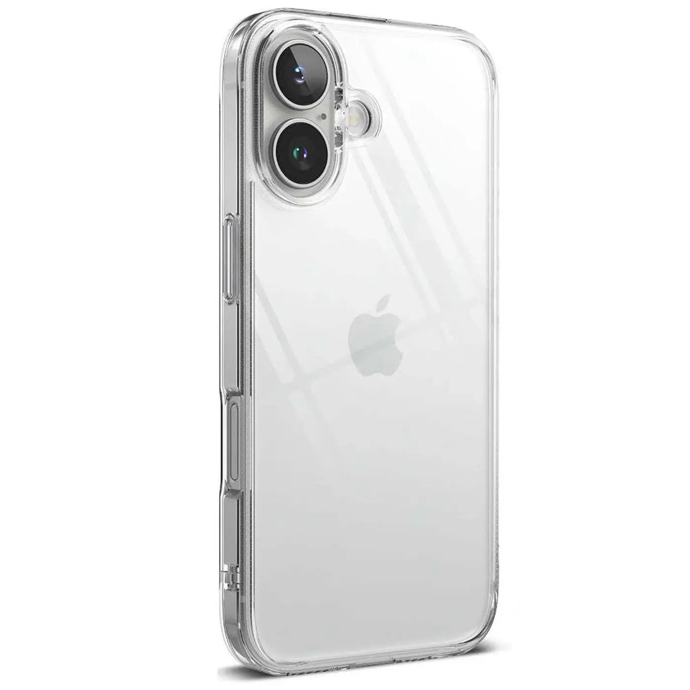 Klares, transparentes Handy-Case aus Kunststoff, seitliche Ansicht, zeigt iPhone mit Doppelkameralinse.