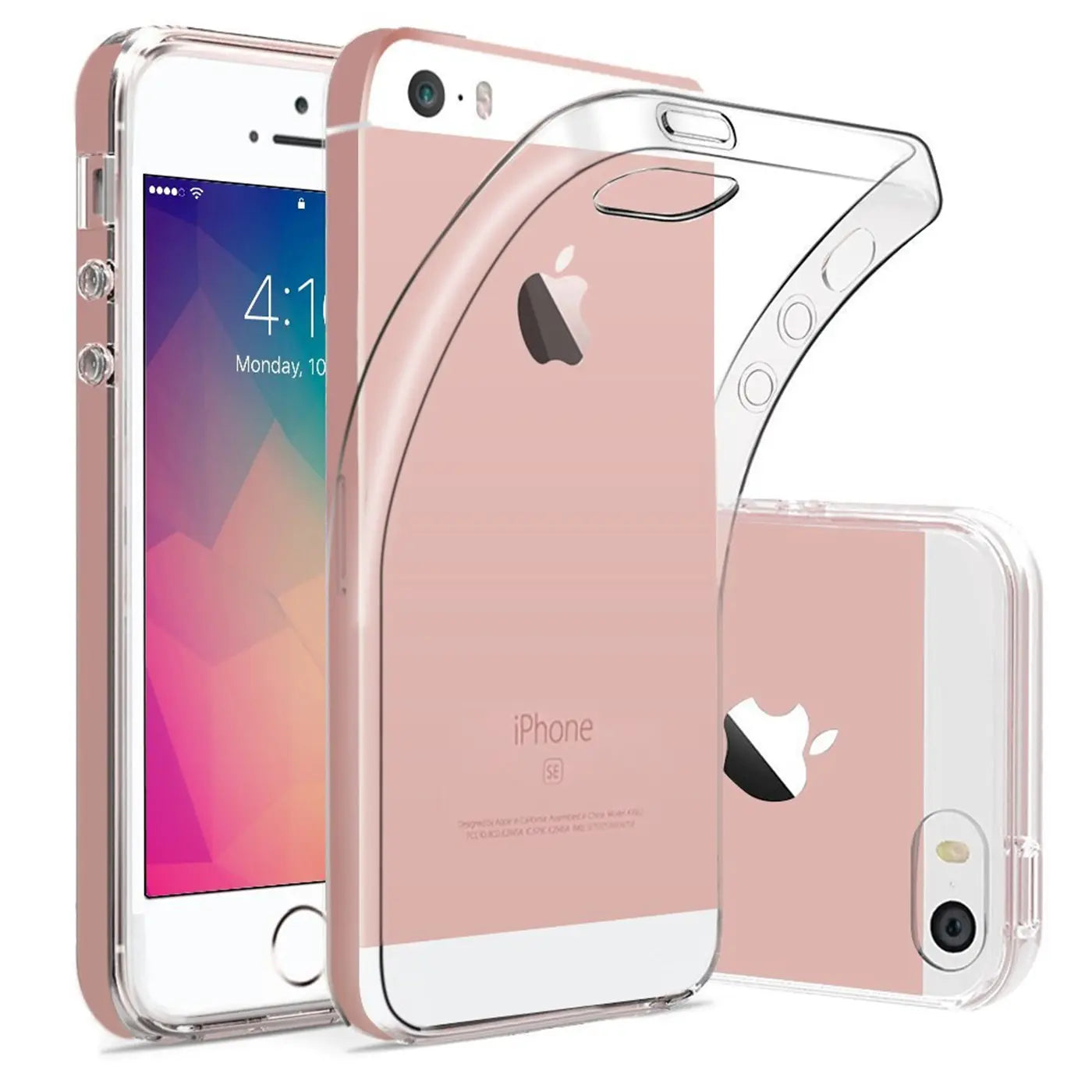 Klares, flexibles TPU-Case über einem roségoldenen iPhone 5/5S/SE, Vorder- und Rückansicht.