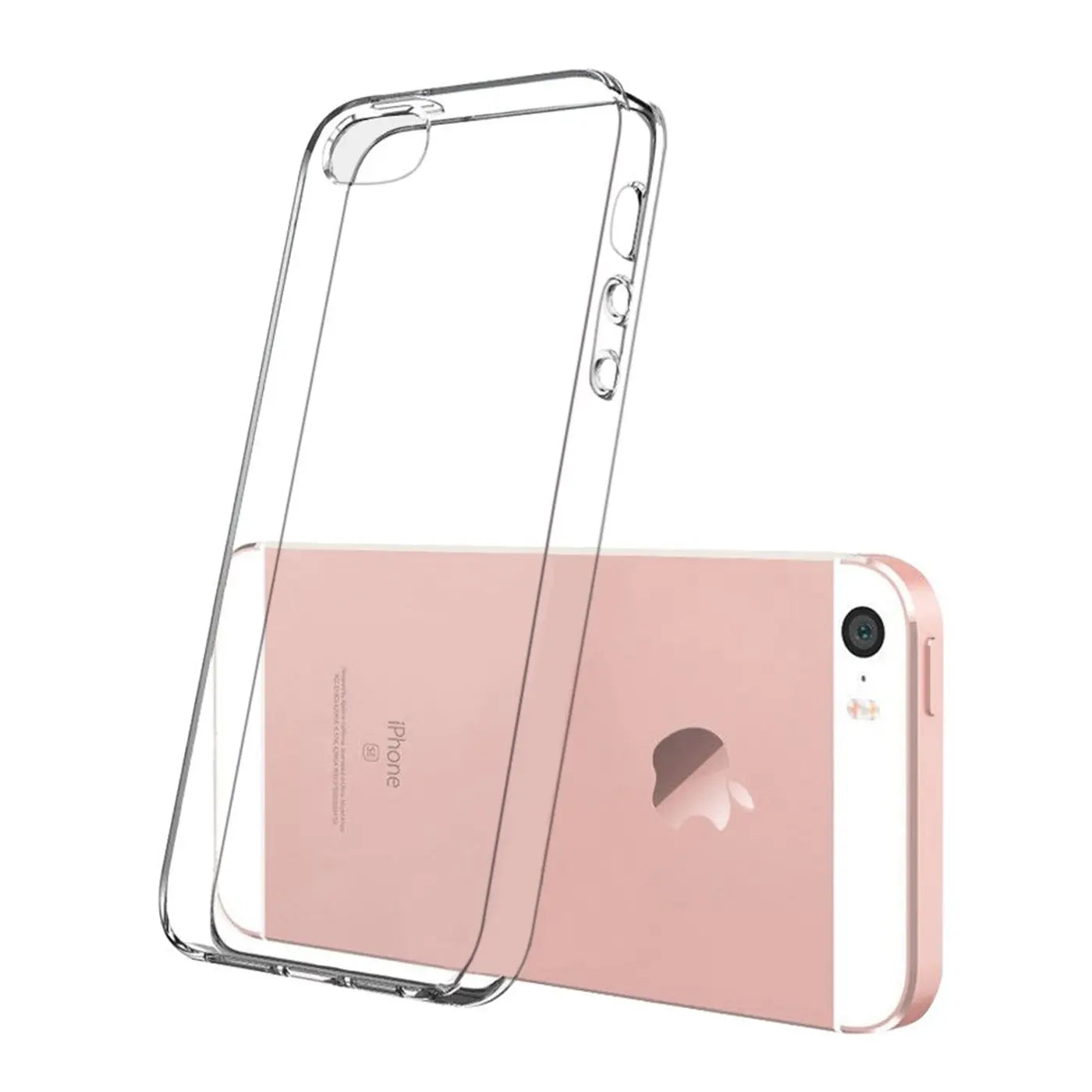 Klarer, dünner Kunststoff-Case über einem roségoldenen iPhone 5/5S/SE, von schräg oben fotografiert.