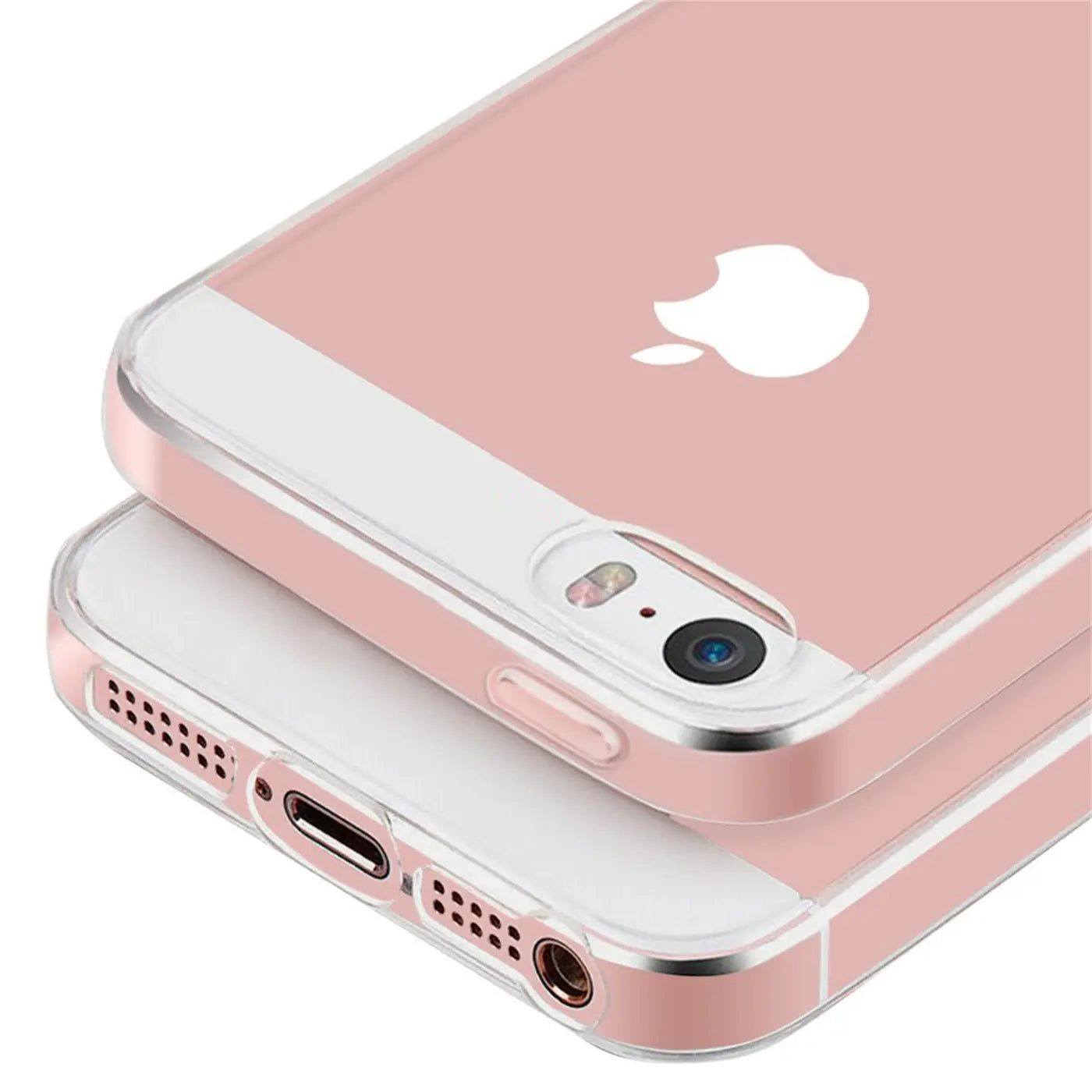 Zwei rosafarbene iPhones mit klaren Hüllen, Nahaufnahme, von unten gesehen.