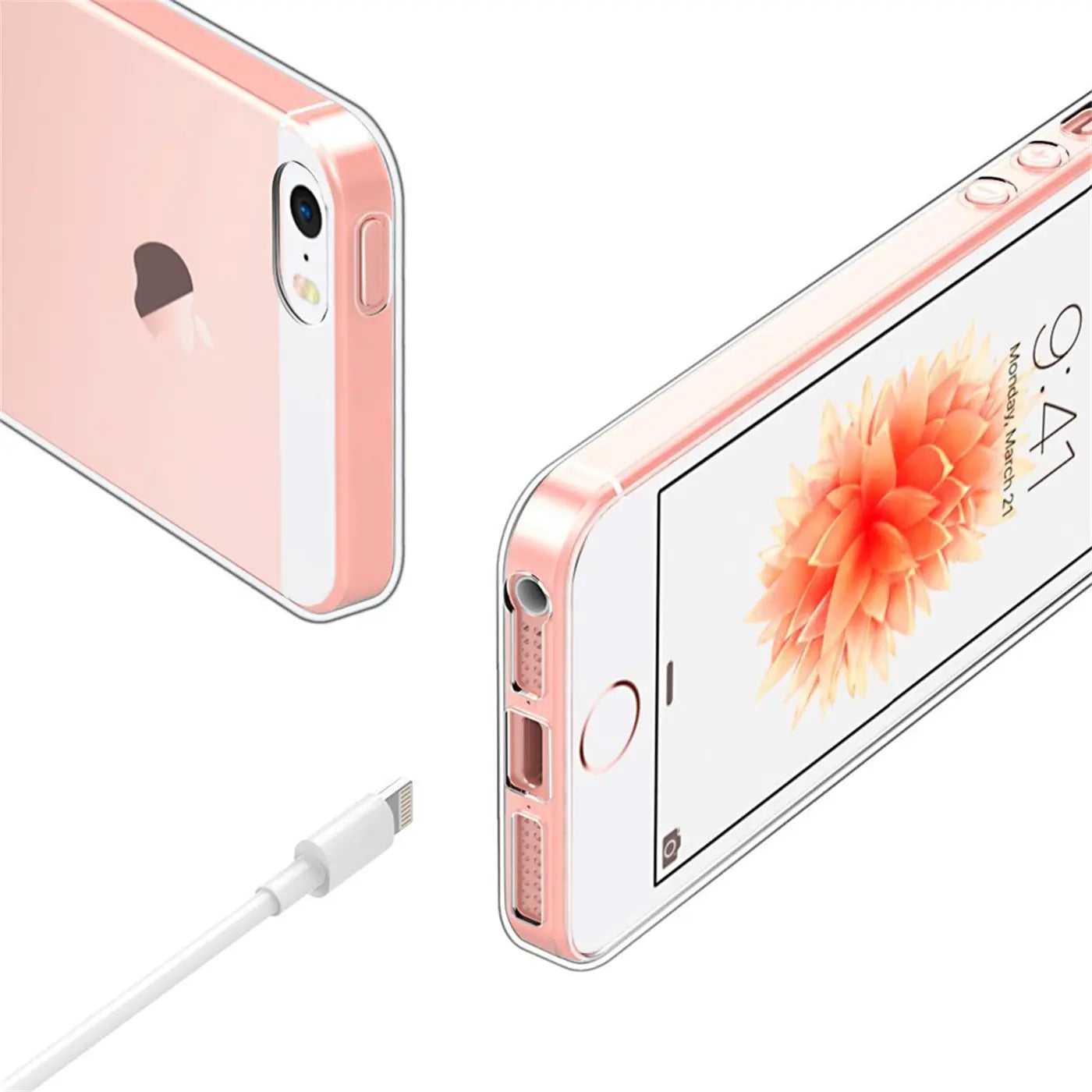 Rosa iPhone 5/5S/SE mit transparentem Case, von schräg oben und vorne, Ladekabel.