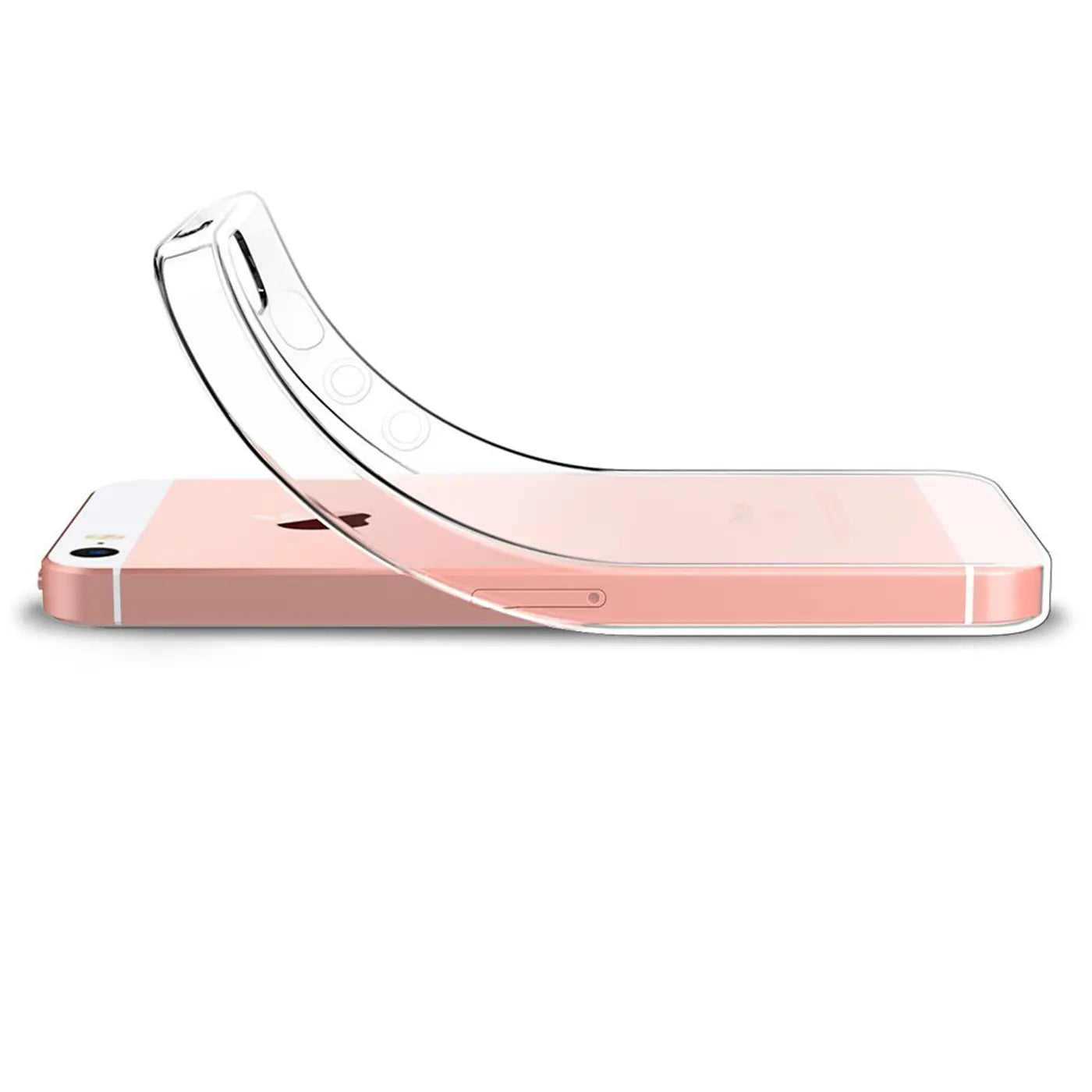 Klares, flexibles Handyhülle aus Kunststoff auf einem roségoldenen iPhone 5/5S/SE, Seitenansicht.