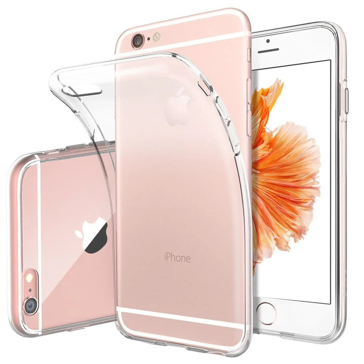Klarer Slim Case aus Kunststoff auf roségoldenem iPhone 6s Plus/6 Plus, von vorne und hinten gezeigt.