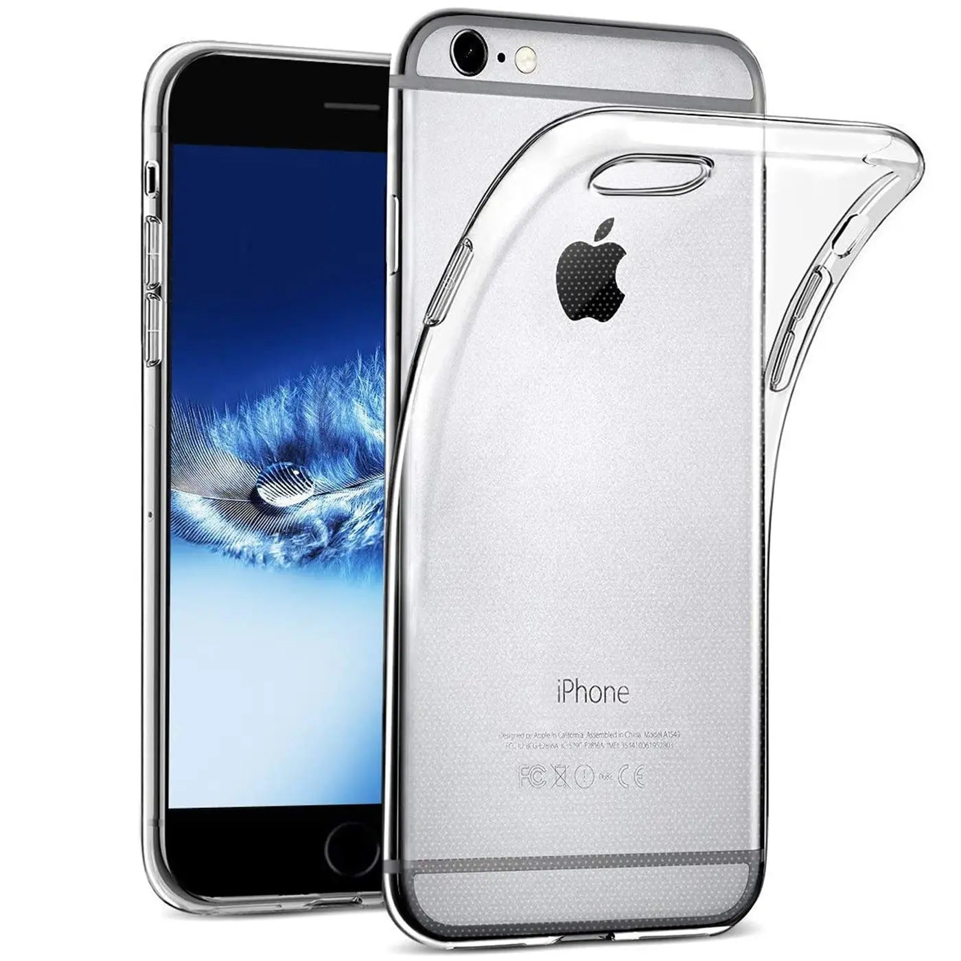 Klares Silikon-Case, das auf ein iPhone 6s Plus/6 Plus gelegt wird, von vorne links und von hinten rechts gezeigt.