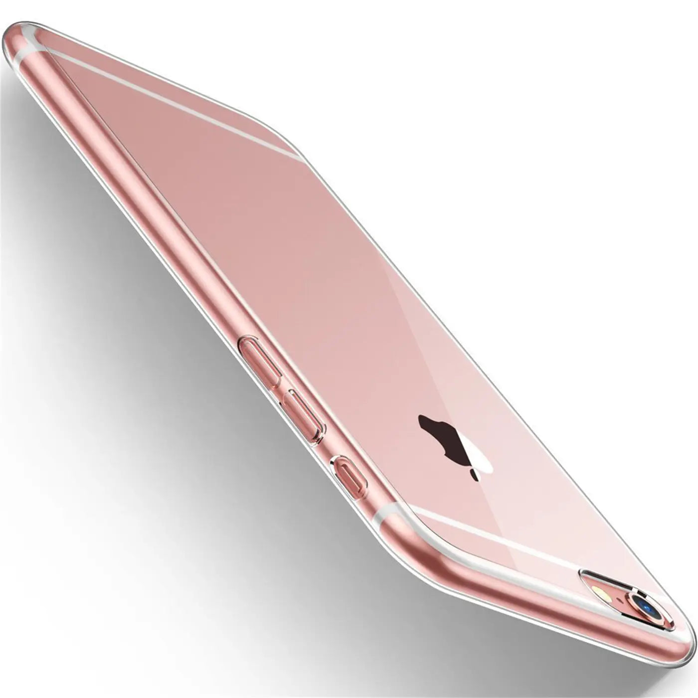 Klares, dünnes Case aus Kunststoff auf einem roségoldenen iPhone 6s Plus/6 Plus, Seitenansicht.