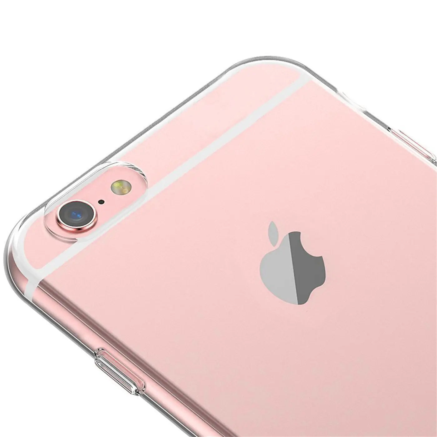 Klares, dünnes Case aus Kunststoff auf einem rosafarbenen iPhone 6s Plus / 6 Plus, Nahaufnahme von oben.