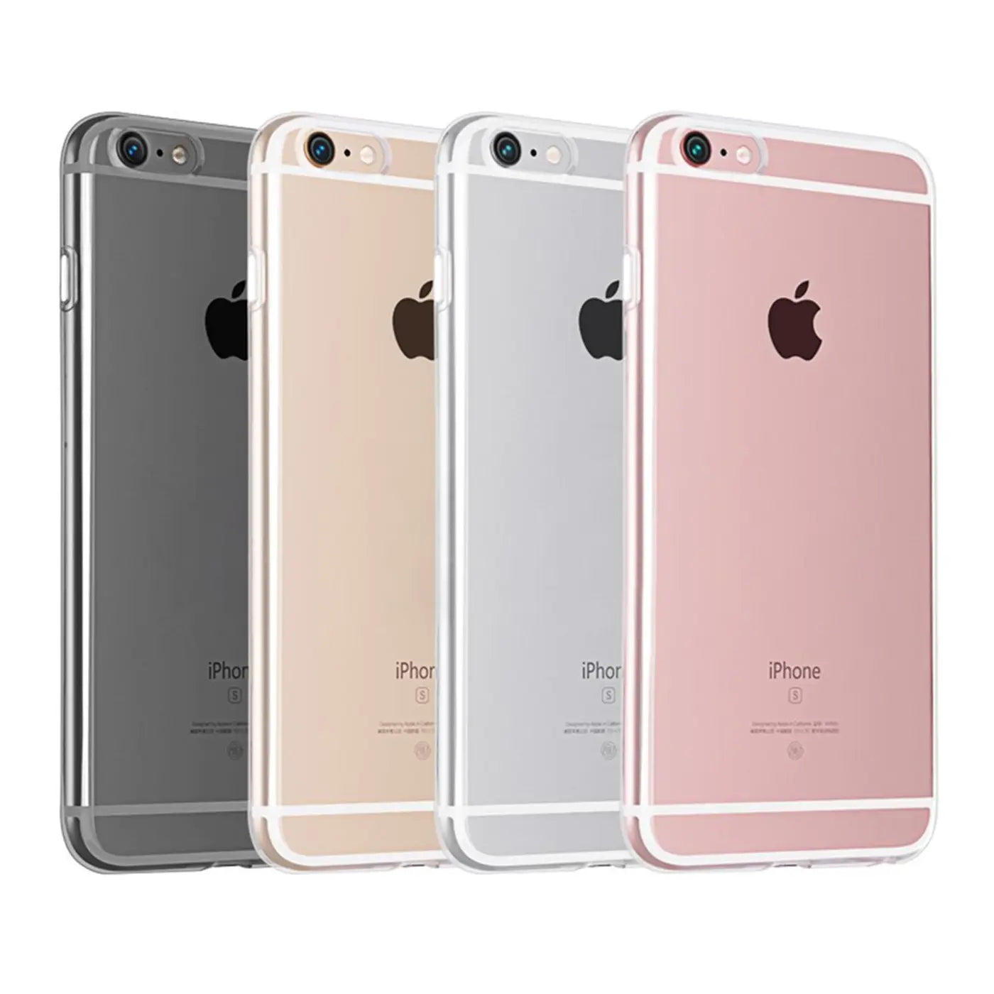 Vier iPhones 6s Plus/6 Plus in Grau, Gold, Silber und Roségold, Rückansicht, klare Hüllen.