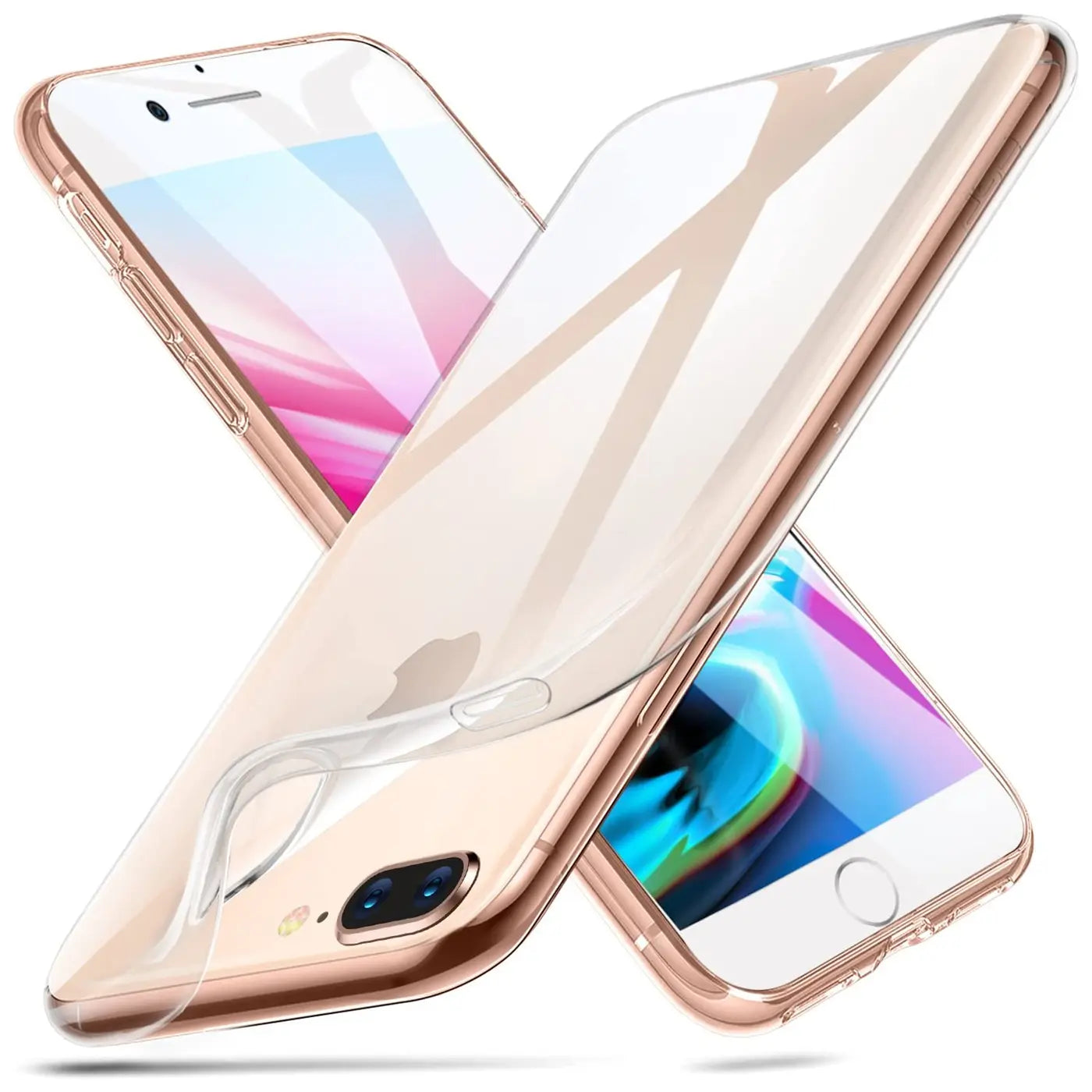 Zwei transparente Hüllen aus Kunststoff auf roségoldenen iPhones 7/8 Plus, von schräg oben.