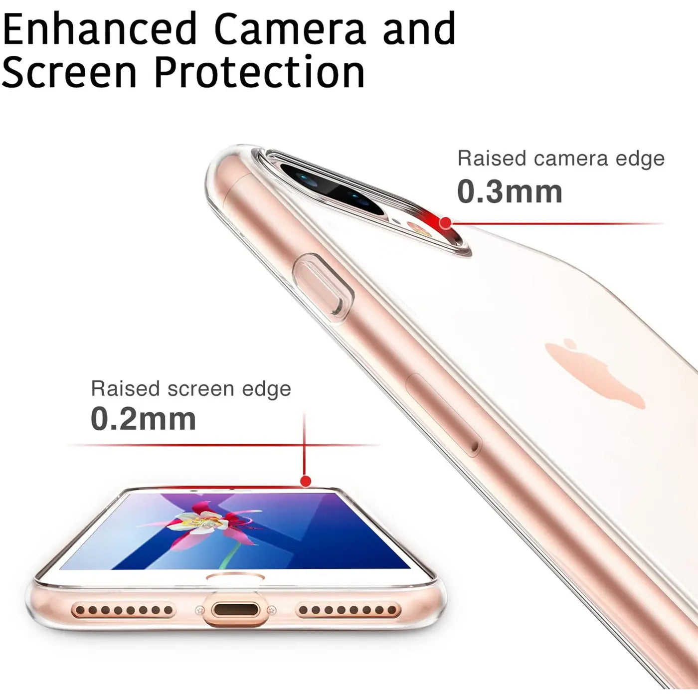 Klares Handyhülle aus Kunststoff, zeigt iPhone 7/8 Plus, Nahaufnahme von unten und Seite.