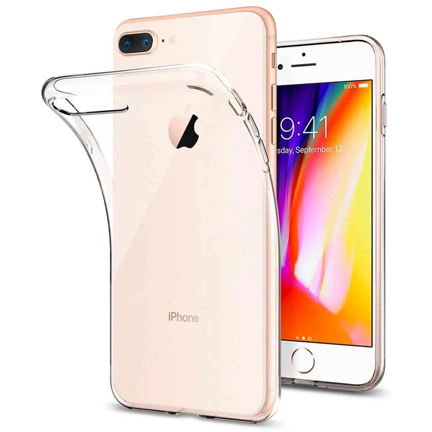Klar transparente Hülle aus Kunststoff, zeigt iPhone 8 Plus von hinten und vorne, leicht schräg.