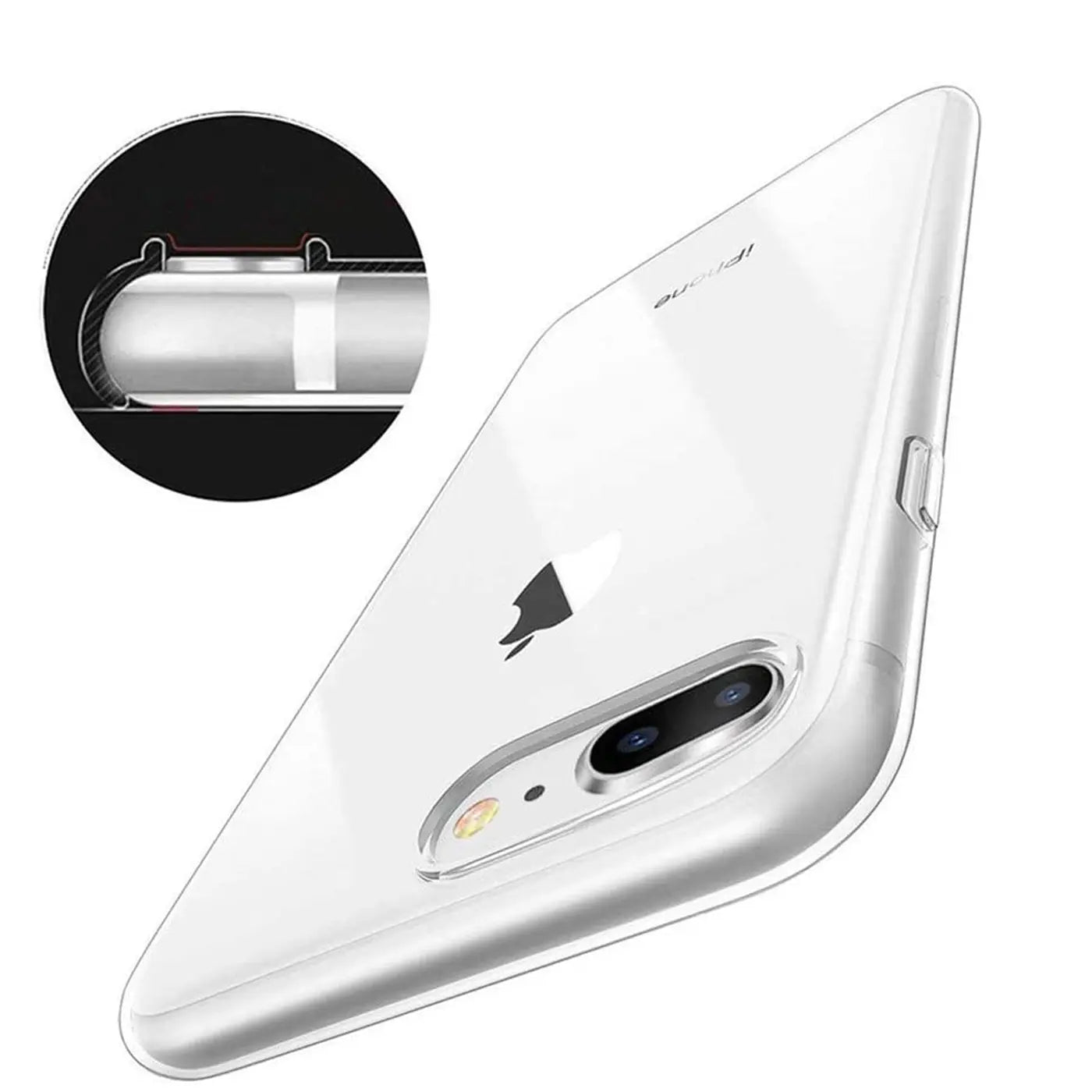 Klares, transparentes iPhone 7 Plus / 8 Plus Case aus Kunststoff, von schräg oben. Detailansicht zeigt Rand.