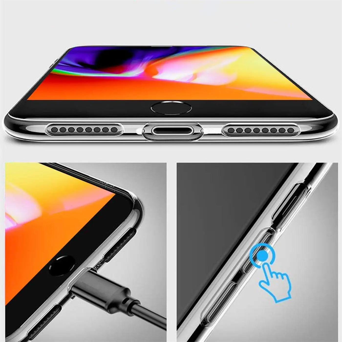 iPhone 7 Plus/8 Plus in klarem, dünnem Case, von unten und Seite gezeigt, mit Ladekabel und Button-Bedienung.