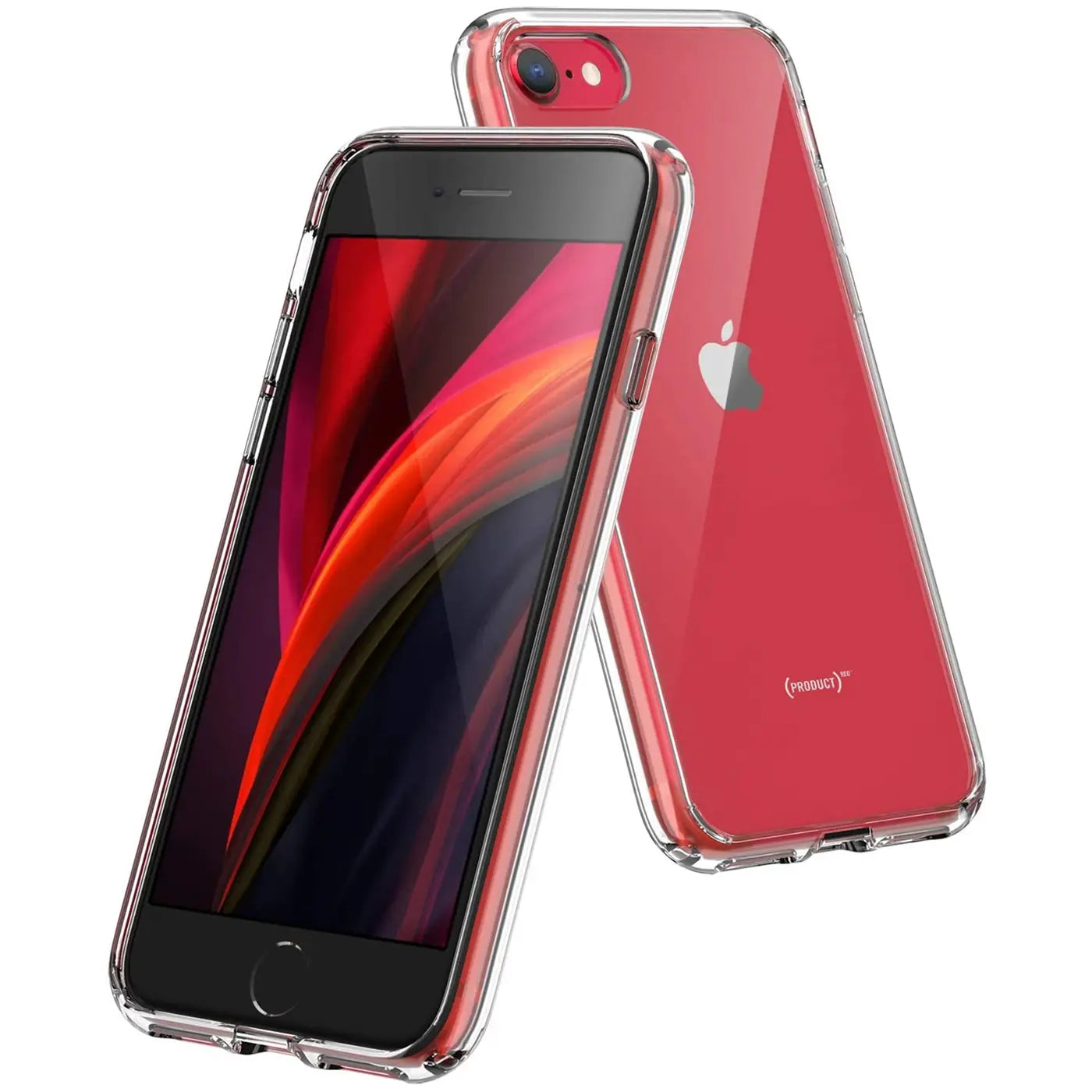 Rotes iPhone mit transparentem Slim Case, von vorne und hinten gezeigt, aus Kunststoff.